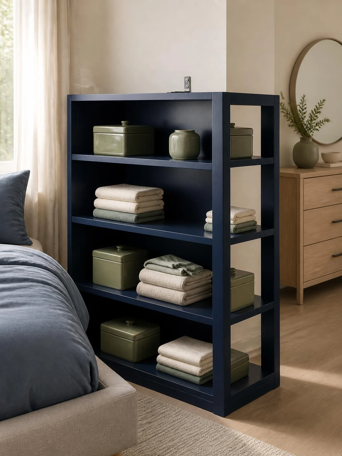Navy open bookcase dividing a couple's bedroom into sleeping and dressing zones, styled with sage ceramics and folded linens on each shelf