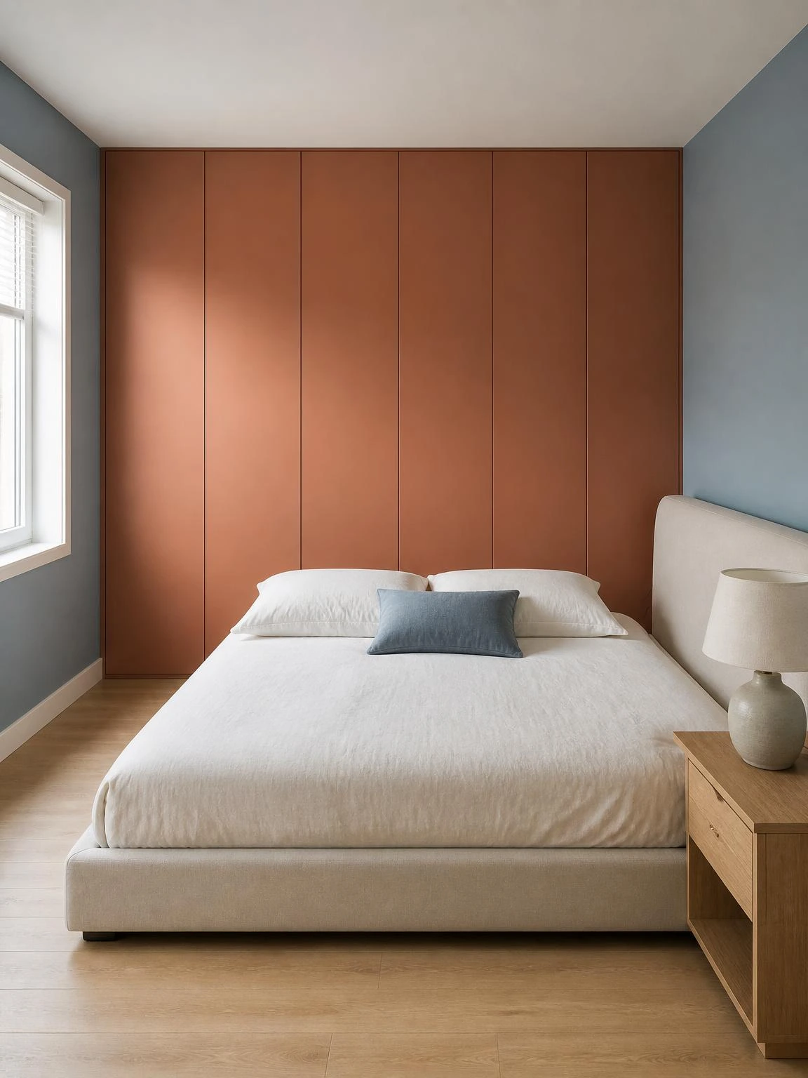 Floor-to-ceiling rust clay flush-door wardrobe covering an entire bedroom wall with no handles, paired with a low stone-linen platform bed