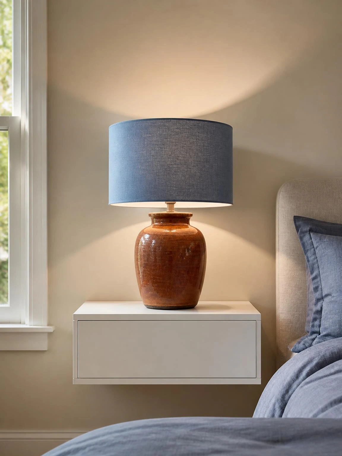 Rust-glazed ceramic table lamp with a dusty blue linen drum shade on a white floating nightstand, casting warm morning light in a tidy bedroom