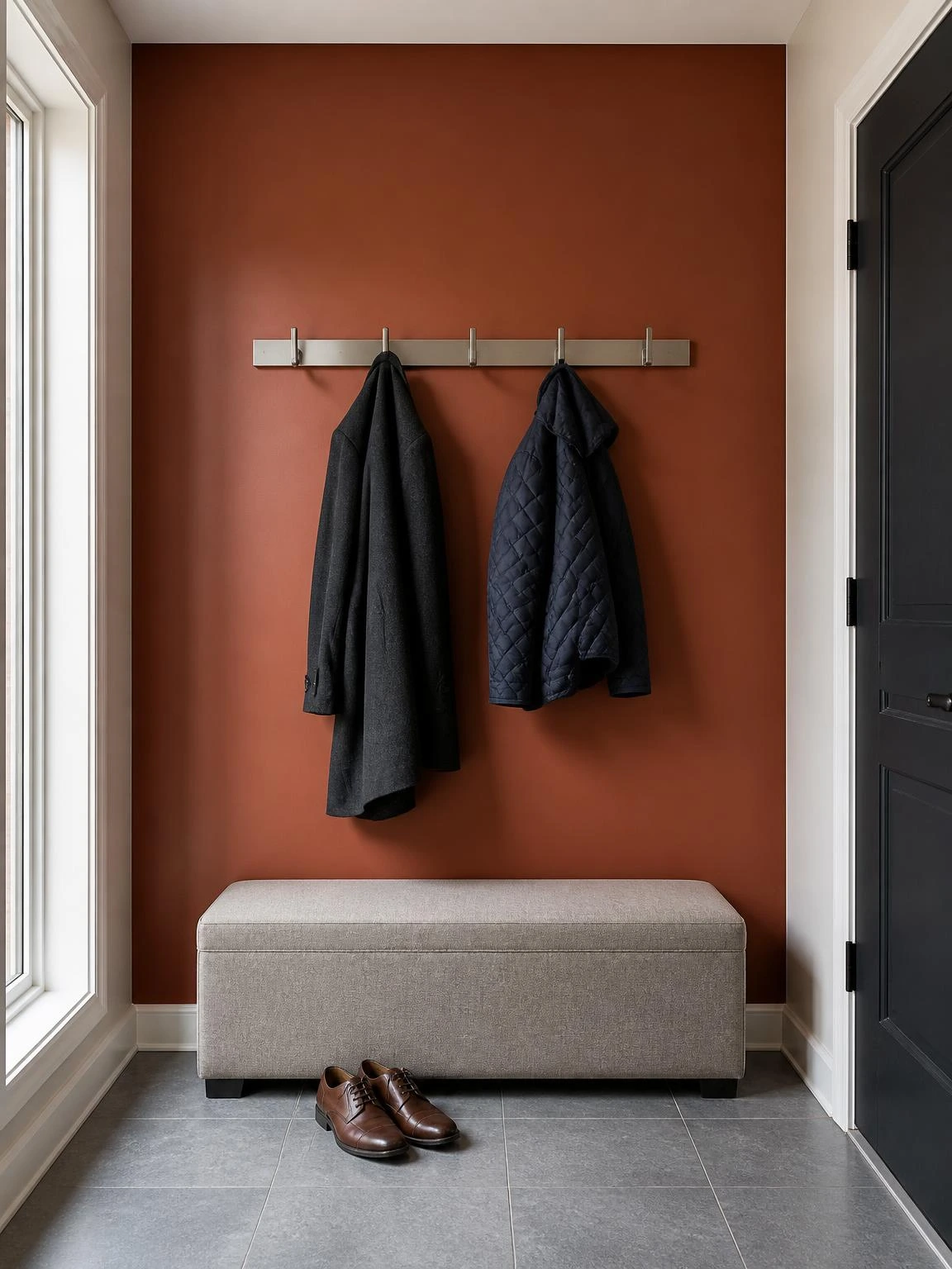 Rust-painted entryway wall with a slim brushed-steel hook rail holding a charcoal coat and navy jacket above an oat-gray bench—minimal home decor at its most intentional