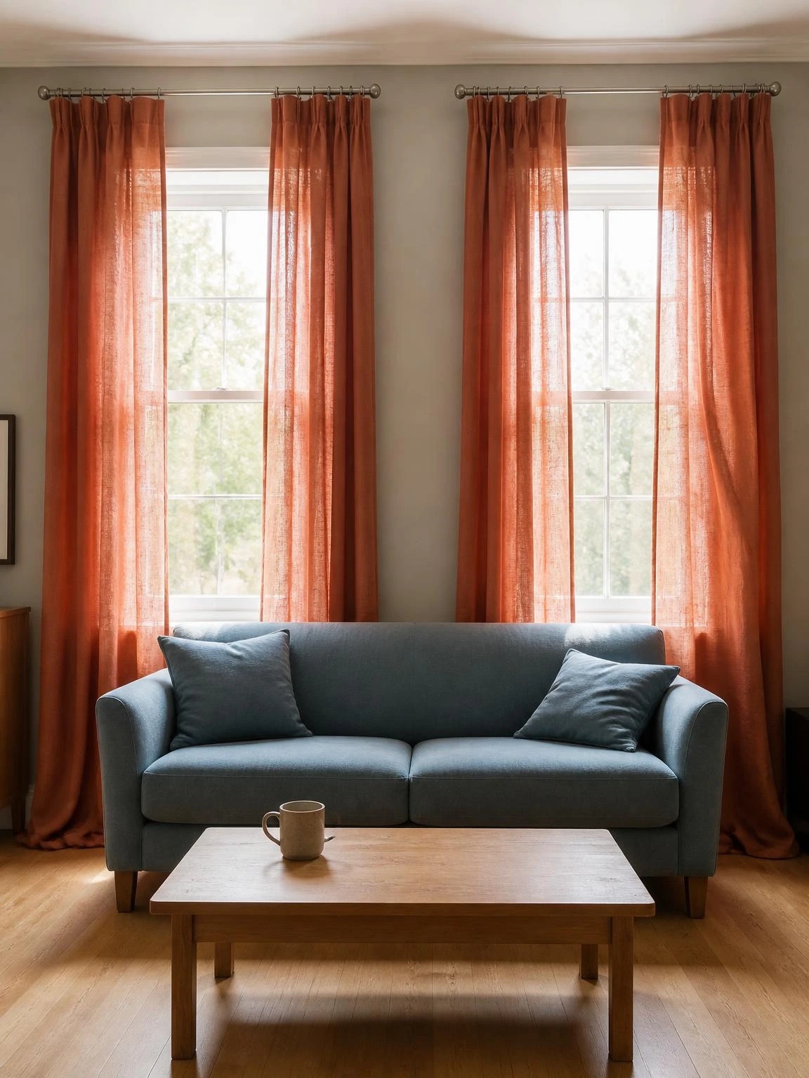 Rust linen curtain panels hung high above two sash windows in a sunny living room, glowing warm terracotta as morning light filters through the open weave