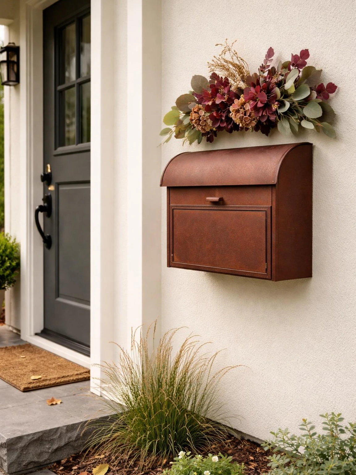 Rust-colored mailbox with burgundy and muted-green accent beside an ivory porch door, adding colorful fall porch decor without blocking the address.