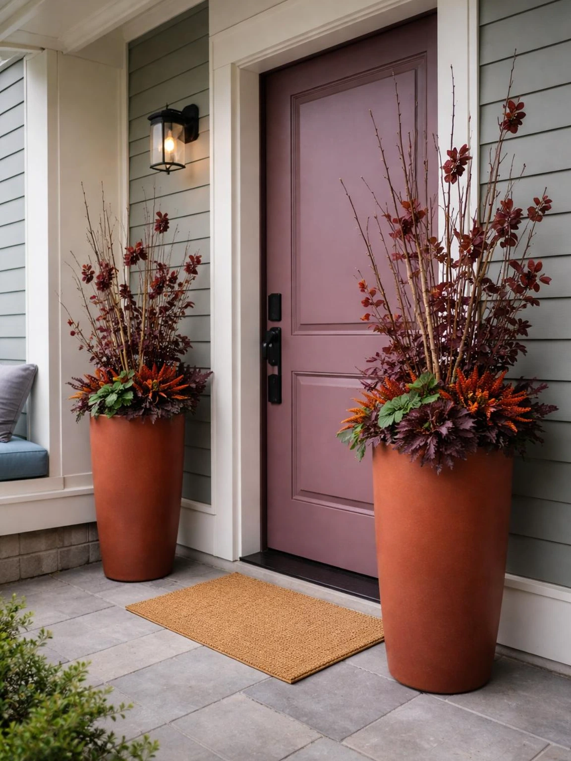 Rust-and-plum fall porch planter pair with burgundy branches flanking a muted-plum door in a compact entry