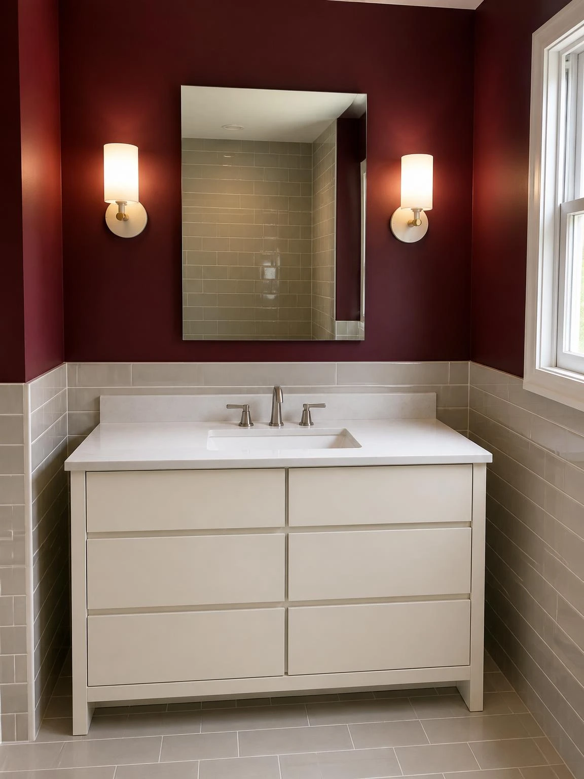 Two ceramic wall sconces flanking a vanity mirror on a burgundy bathroom wall, casting even face-level light over an ivory cabinet — a budget sconce upgrade that eliminates harsh shadows