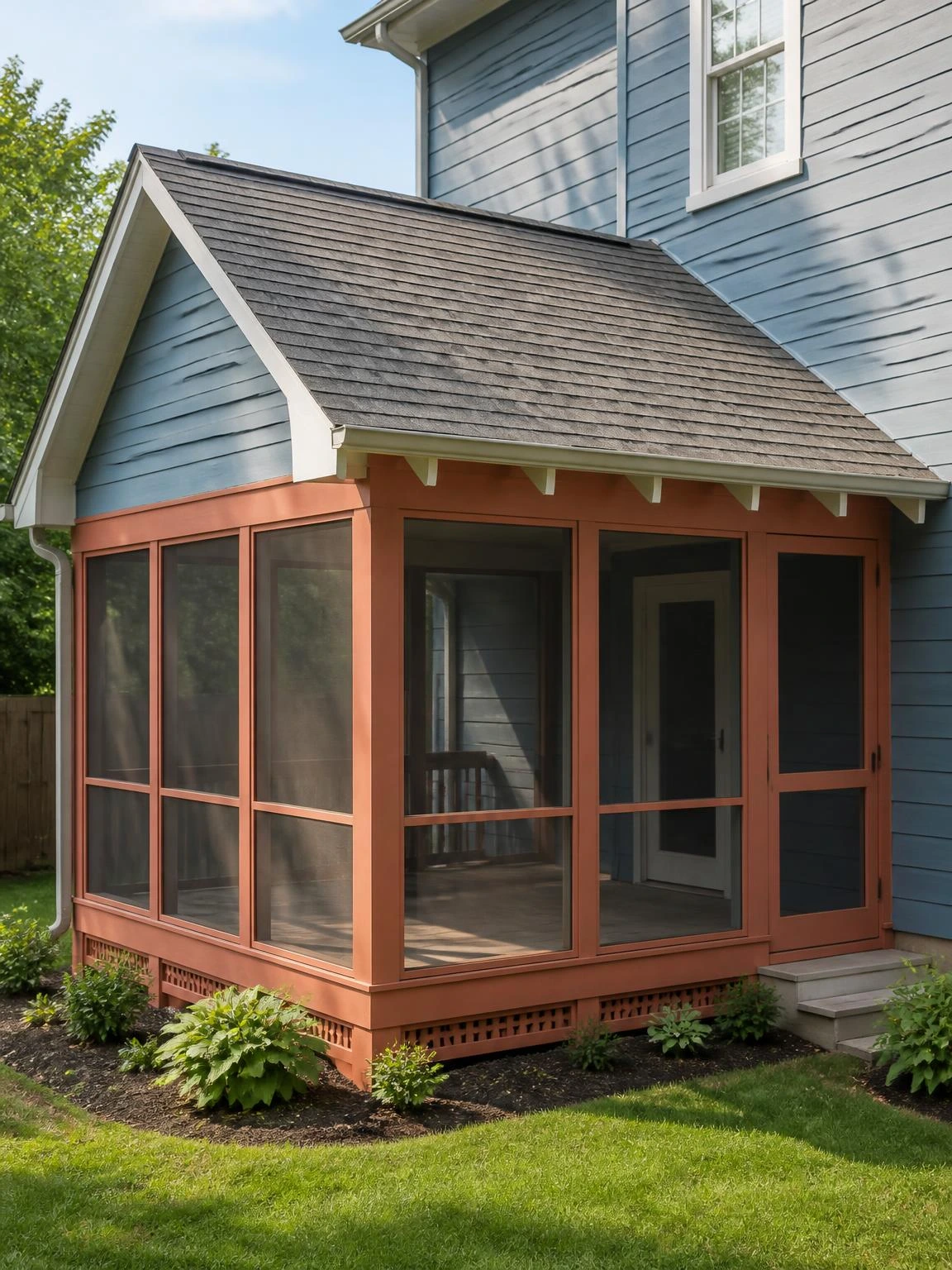 Screened porch gable roof with continuous aluminum ridge vent running full length of peak, stone-gray shingles and coral screen frame in morning light