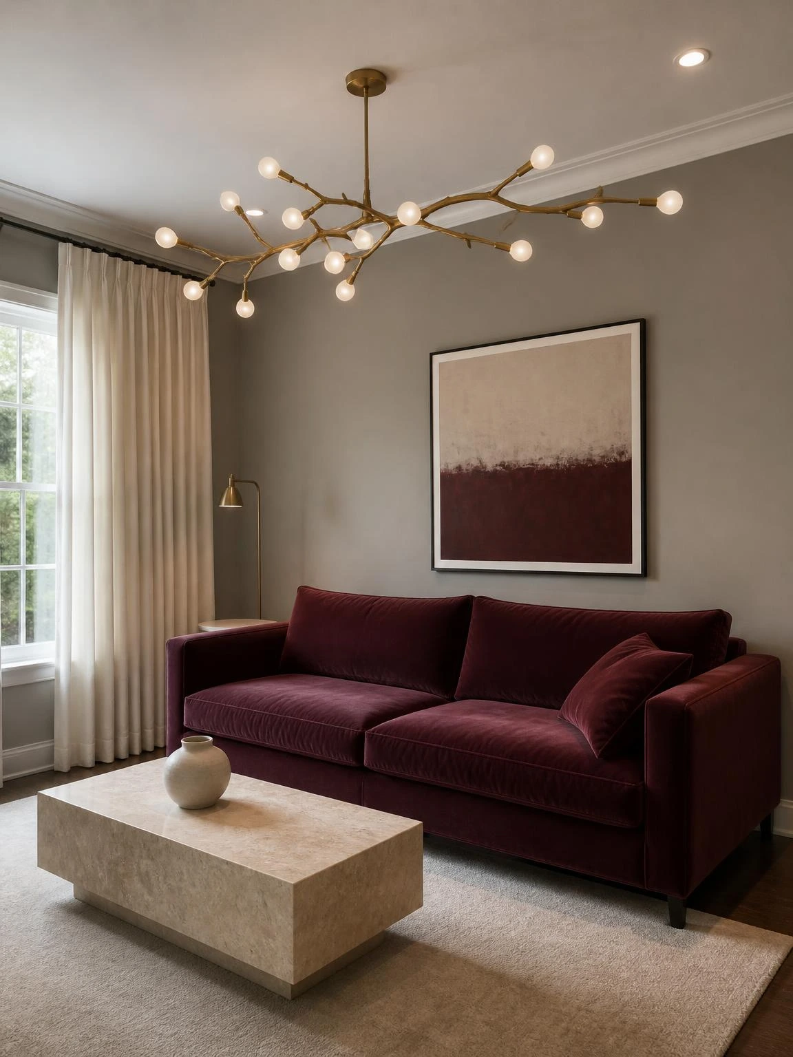 Sculptural branch chandelier with opal bulbs above a burgundy sofa, illustrating balanced living room chandelier ideas