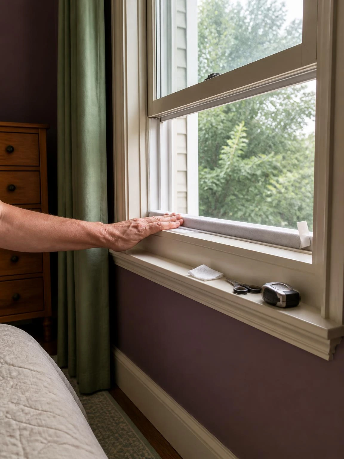 Bare hand pressing self-adhesive foam weatherstripping along a double-hung window sash channel, a simple DIY home improvement fix for drafts