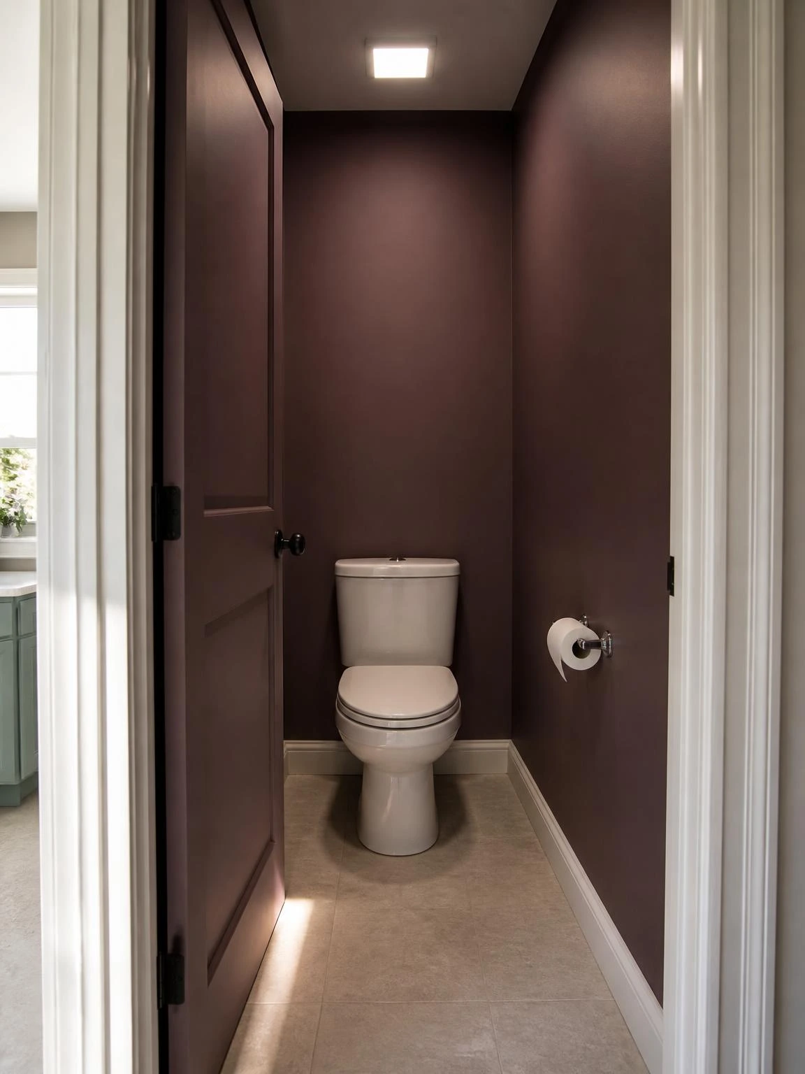 Compact square LED flush-mount fixture illuminates a narrow 30-inch toilet compartment with muted plum walls and stone porcelain tile flooring