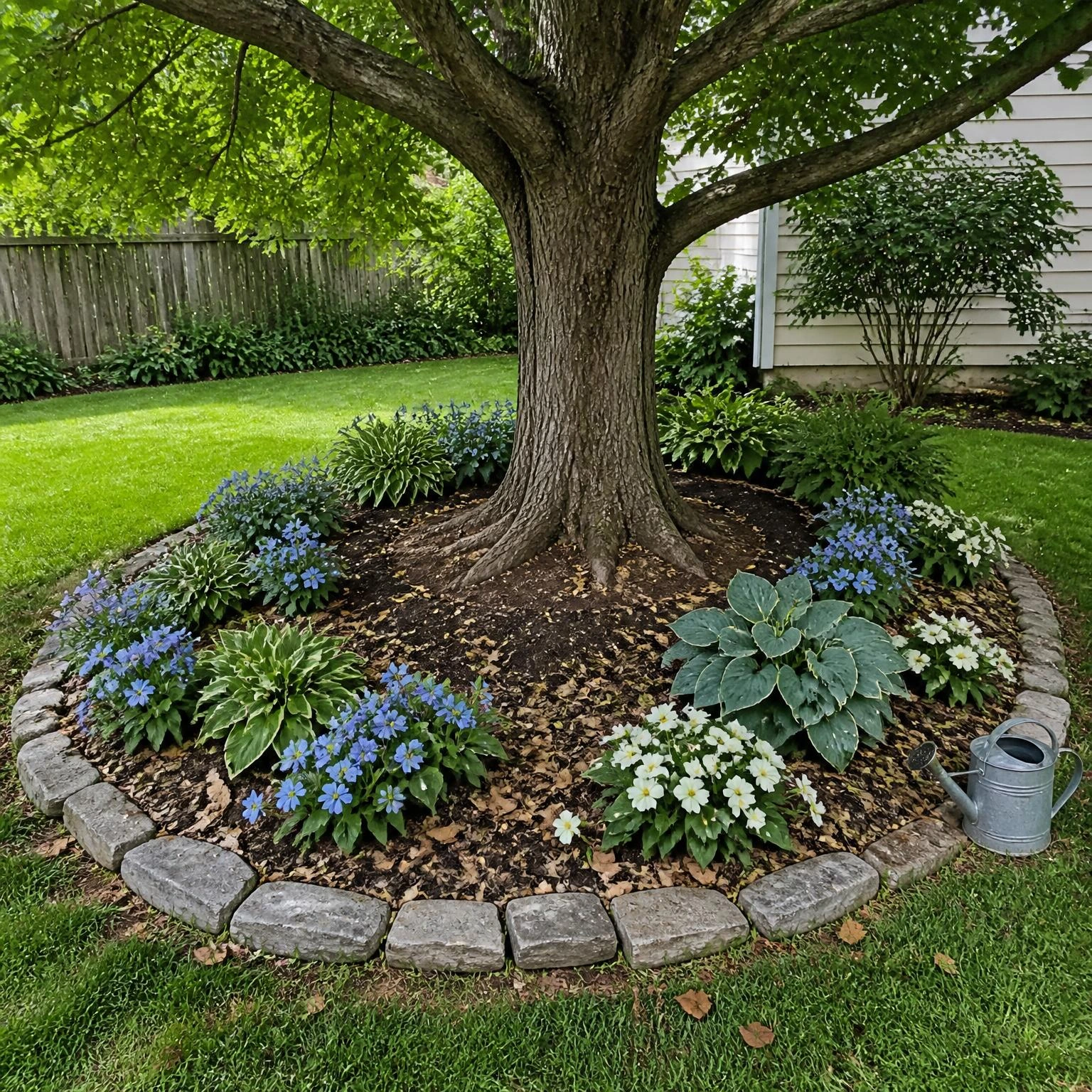 Compact shade garden beneath a mature tree with blue and ivory blooms, stone edging, leaf mulch, and a bare trunk ring