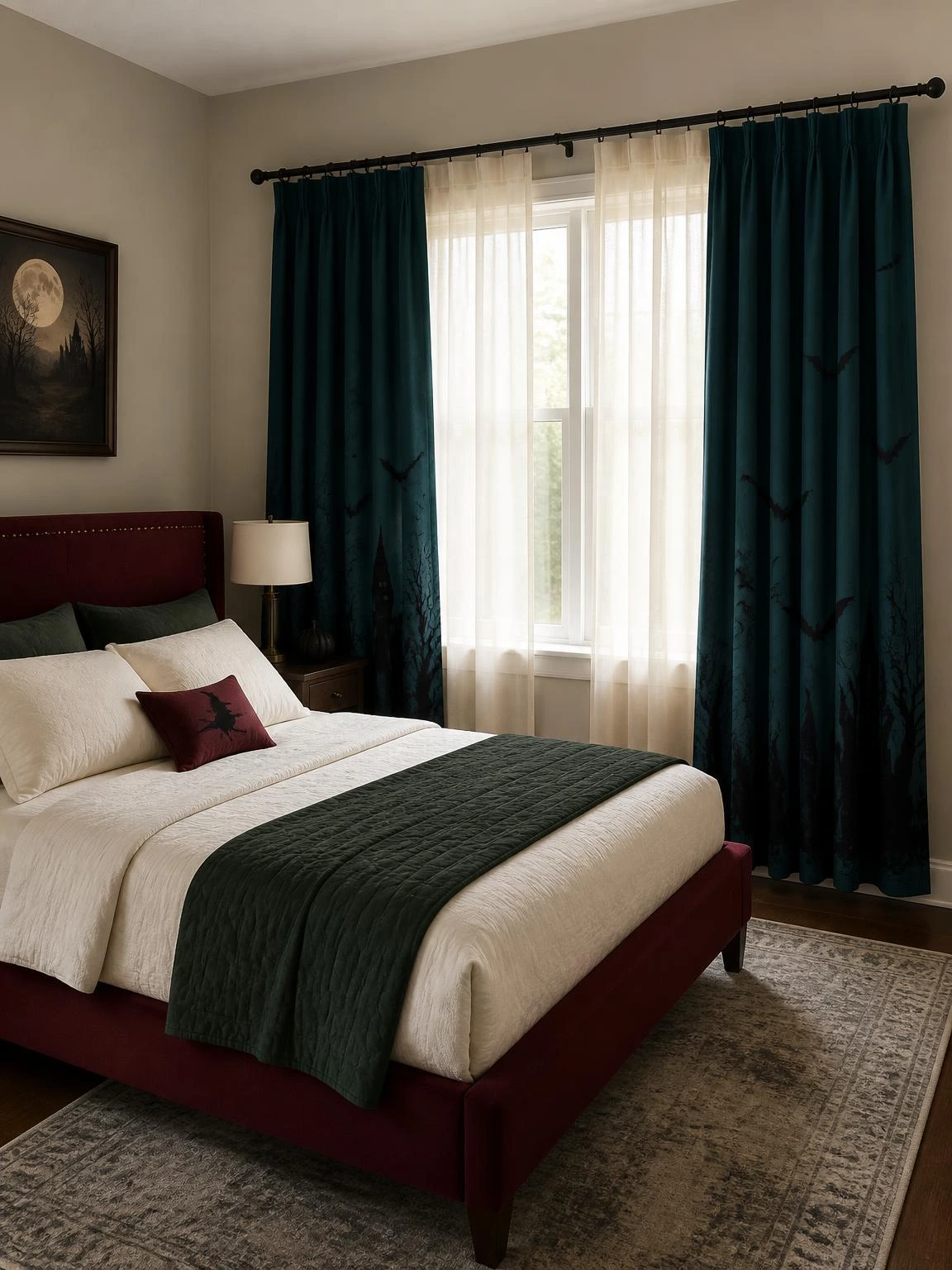 Deep teal Halloween bedroom curtains frame ivory sheers above a burgundy bed, adding shadowy seasonal depth while controlling daylight.