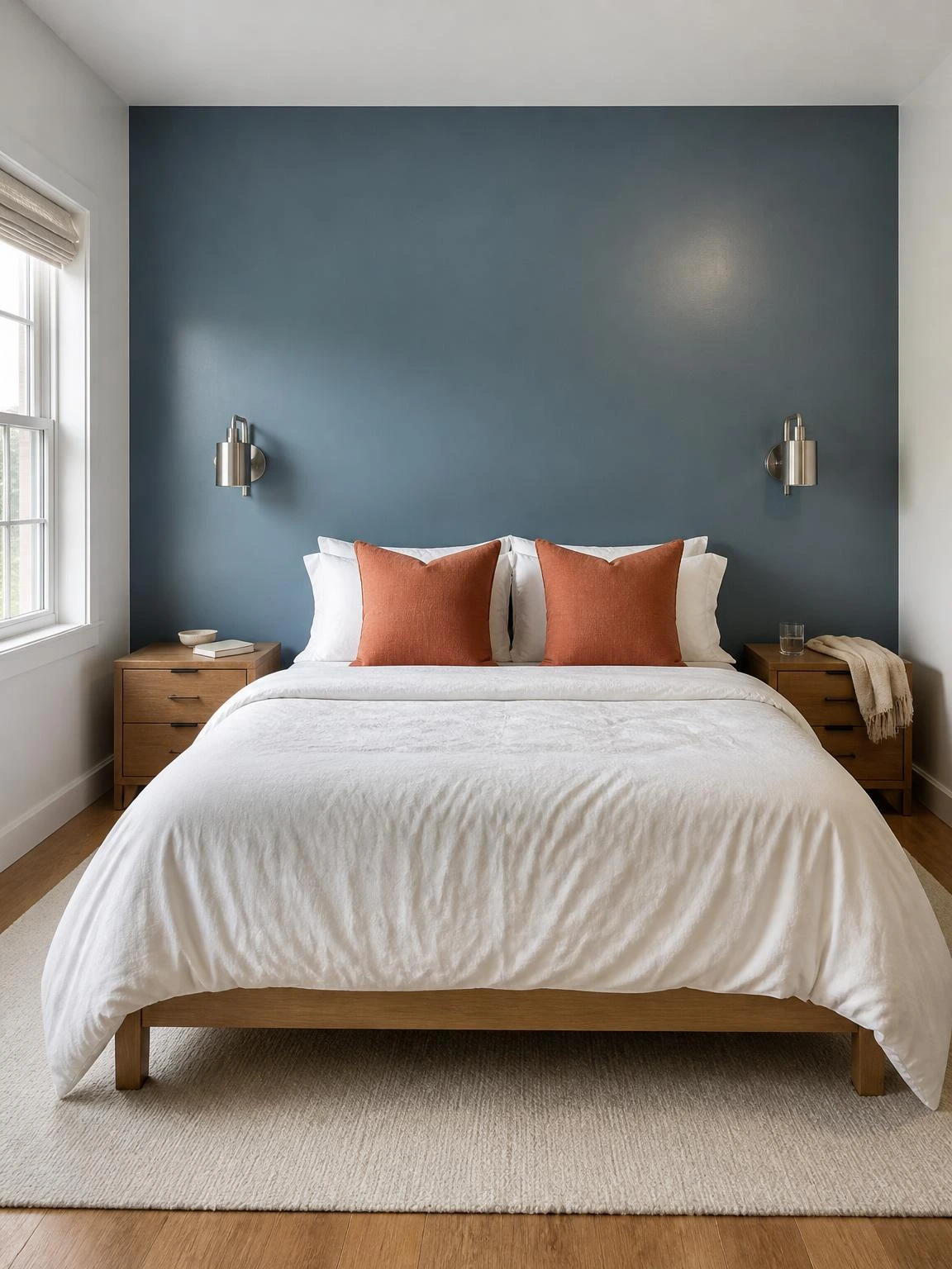Dusty-blue accent wall behind a queen bed with white bedding and terracotta euro shams, showing how couple room decor ideas balance cool and warm tones