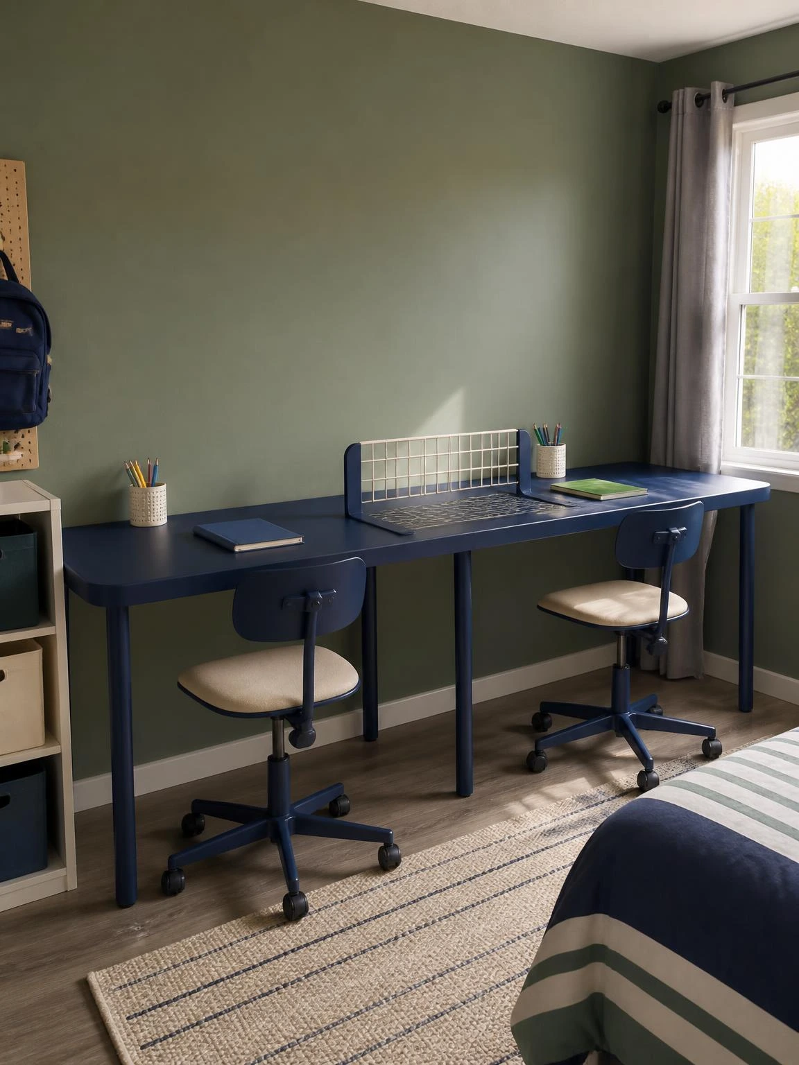 Long navy laminate kids' study table with wire divider creating two mirror-image workstations for siblings sharing one bedroom wall