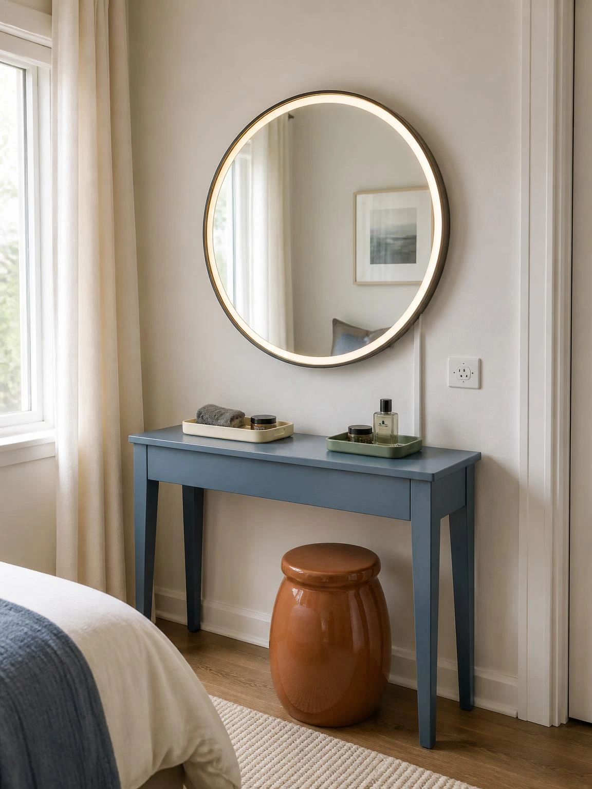 Shared vanity corner with a round LED-framed mirror above a dusty blue console table holding his-and-hers grooming trays for couple room decor