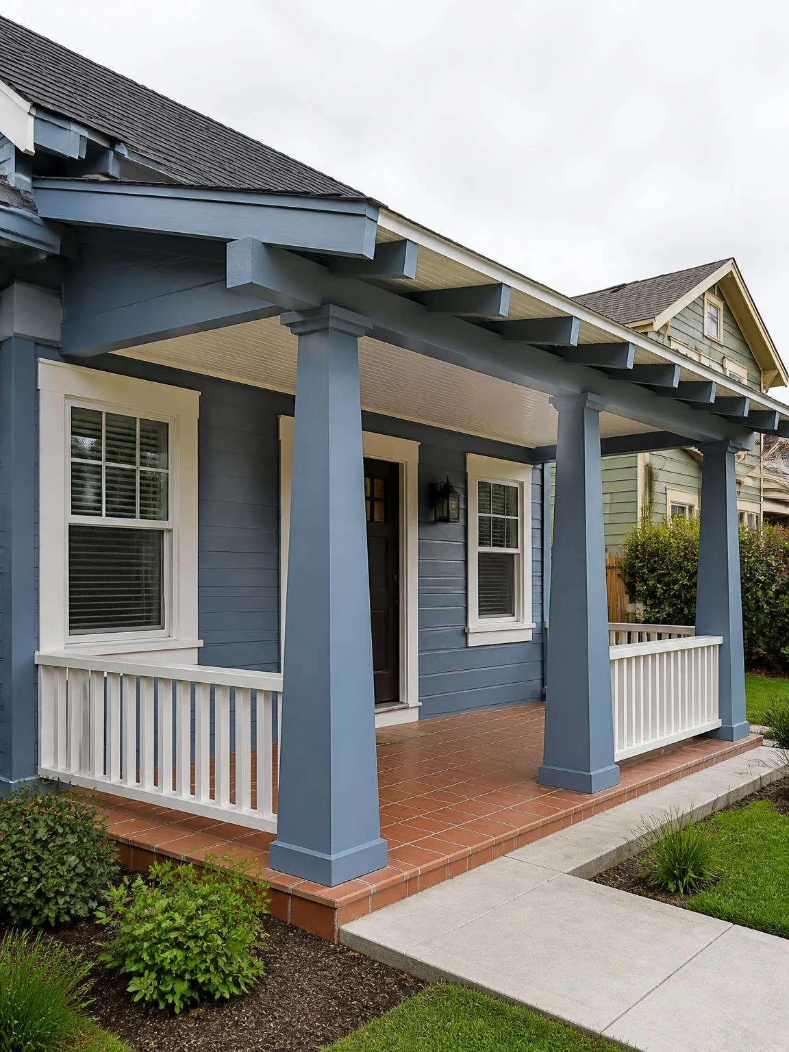 Single-slope shed roof porch on a Craftsman bungalow with dusty blue tapered columns, exposed rafter tails, and warm terracotta tile floor