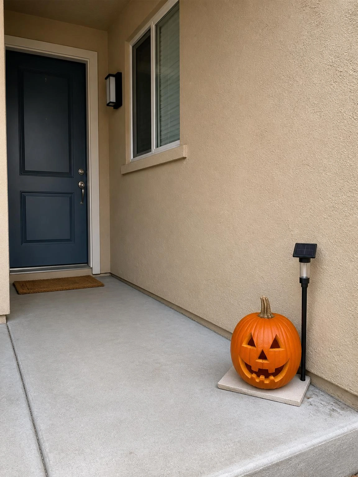 A single carved jack-o'-lantern on a cream tile beside a slim solar stake light on a compact condo porch — small-space halloween porch ideas done minimally