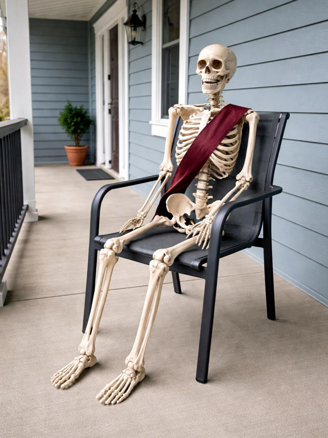 Weather-resistant skeleton chair decoration on a covered porch, secured toward the walkway for a practical Halloween decorations outdoor scene
