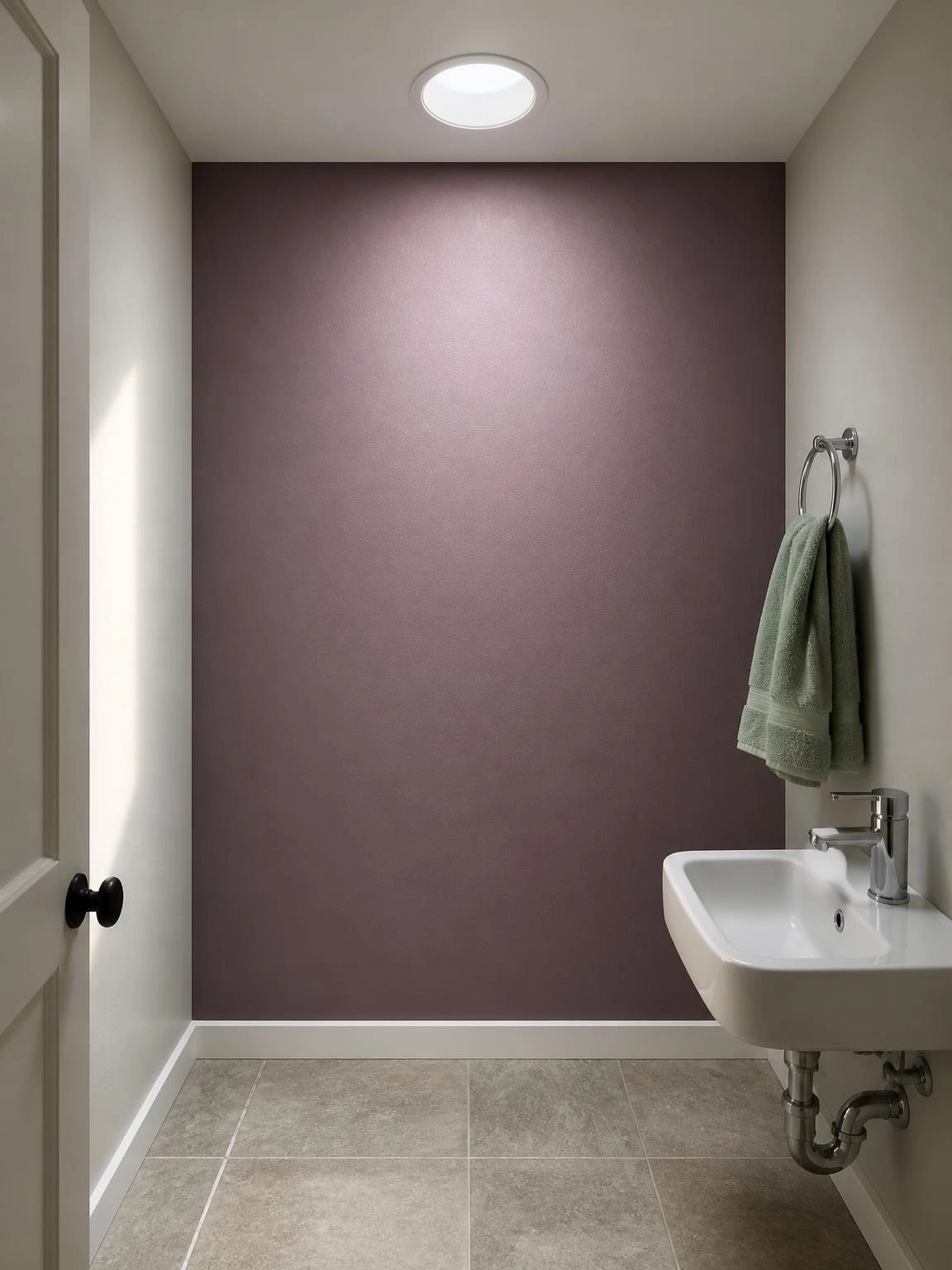 Tubular skylight diffuser disk flush-mounted in a white ceiling floods a windowless bathroom with natural daylight, illuminating a muted plum accent wall and stone-look tile floor