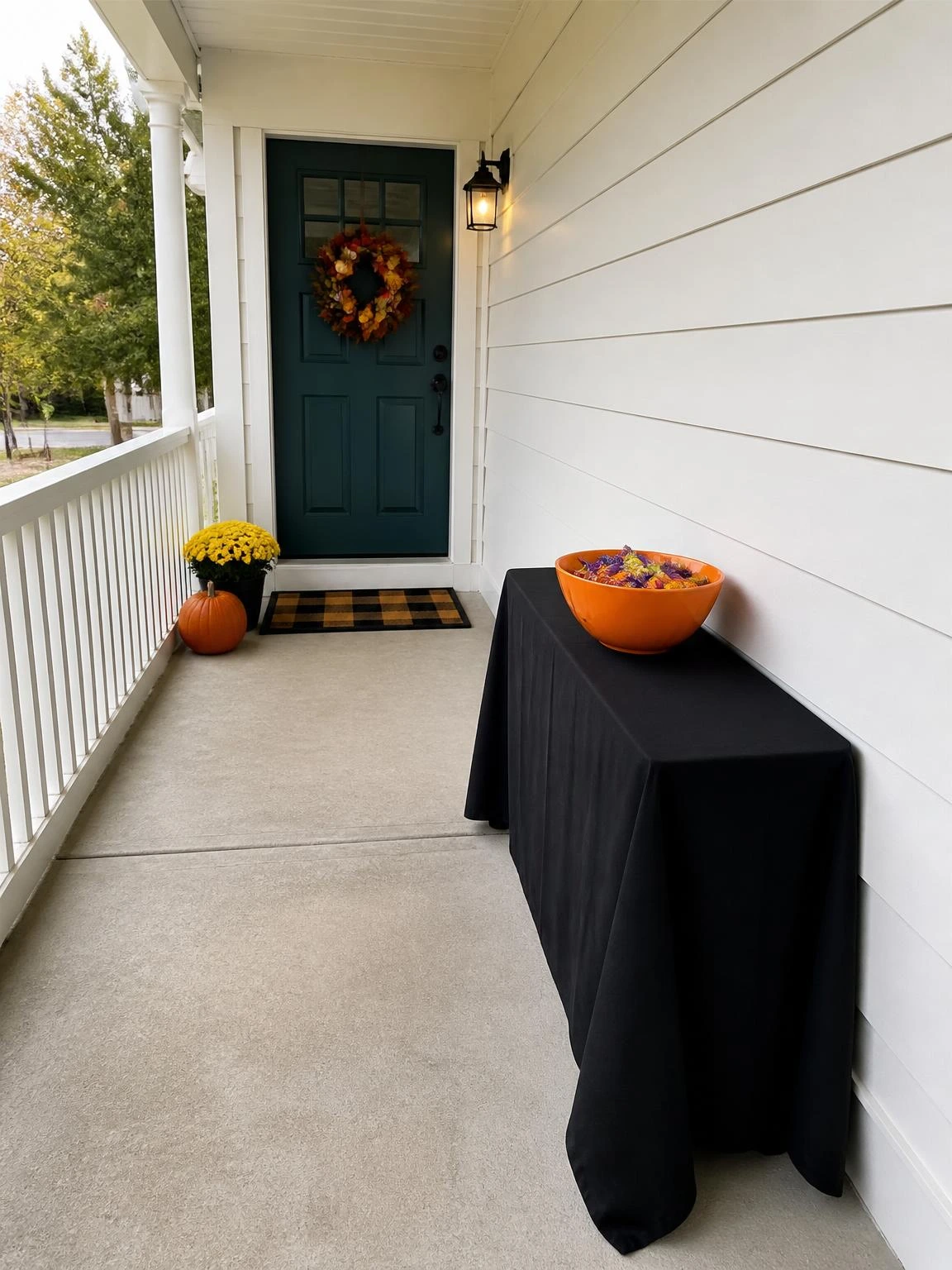 16- Slim Folding Table as Candy Station on a Small Porch - halloween porch ideas for small spaces