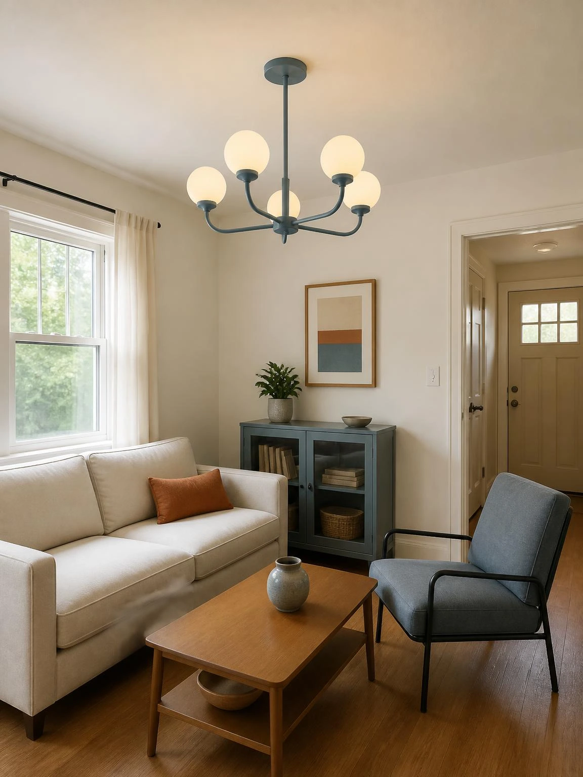 Compact dusty-blue chandelier centered over seating in a practical small living room, illustrating space-saving living room chandelier ideas