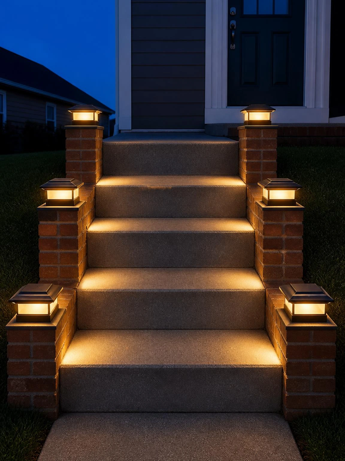 Four concrete landscape stairs at dusk with solar post cap lights on brick piers casting warm amber glow across each tread