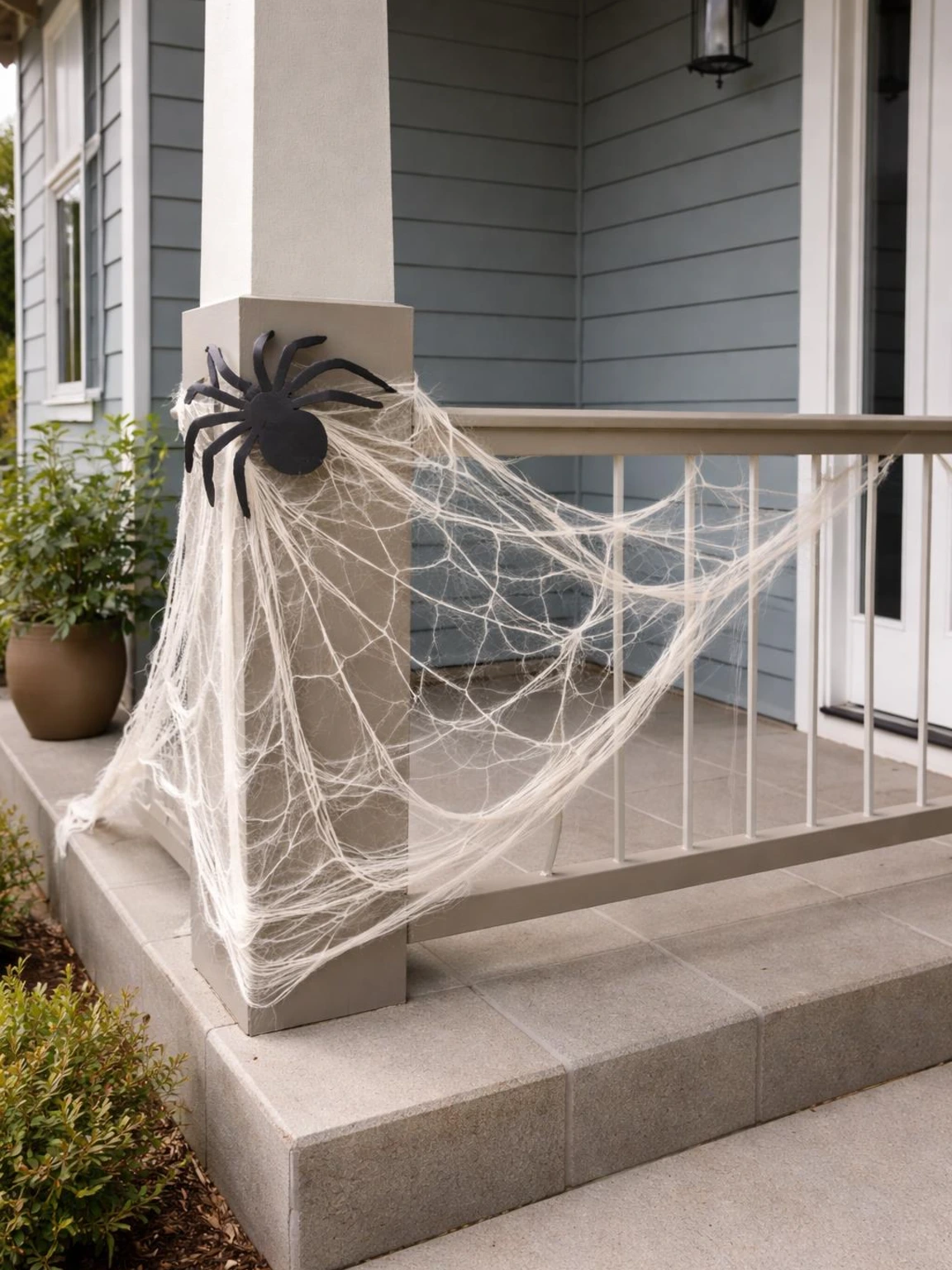 DIY spiderweb porch railing with ivory cotton webbing, a charcoal cardboard spider, and a clear usable handrail