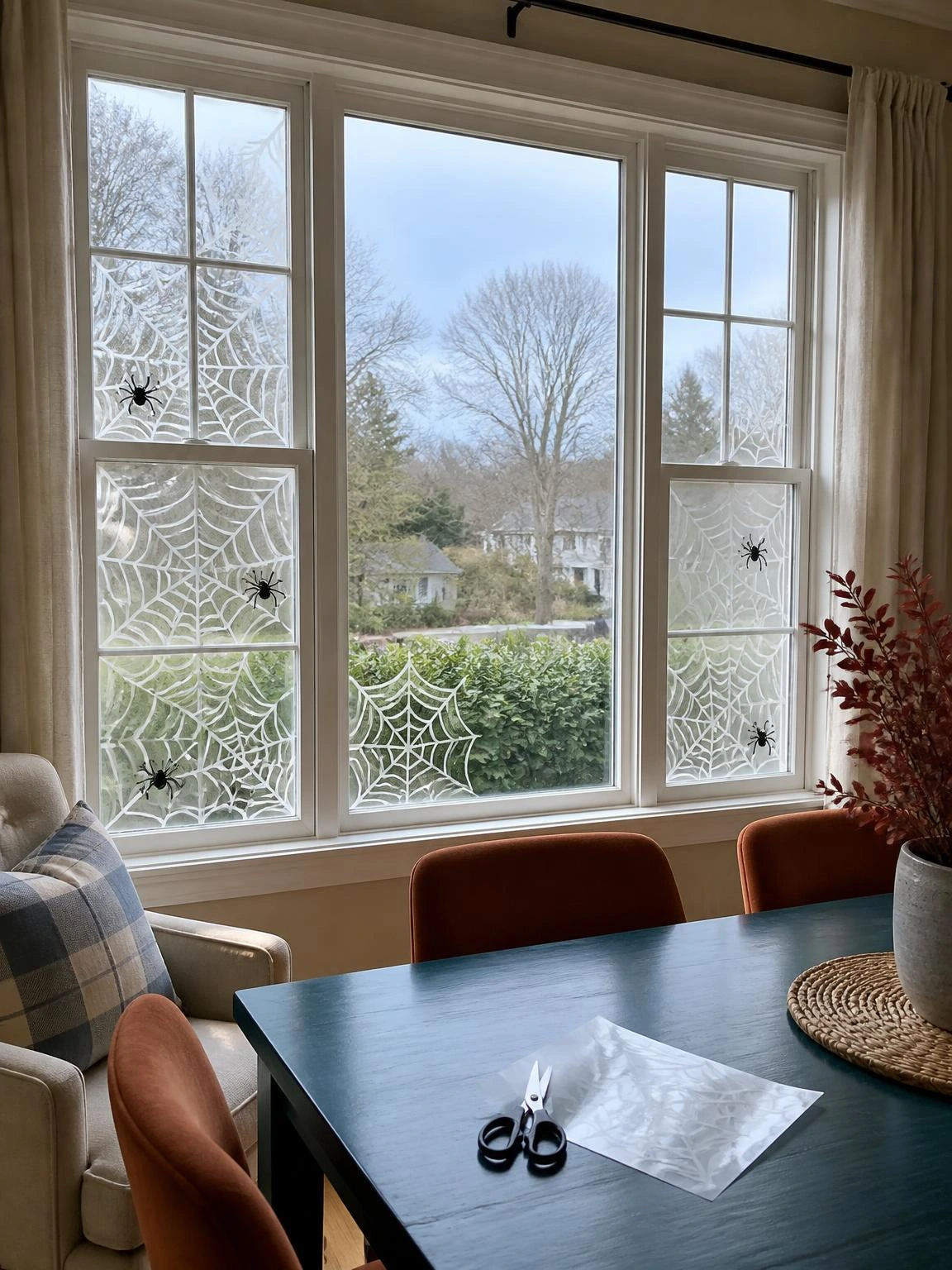 Translucent white spiderweb window clings frame a clear dining-room view, demonstrating an attainable halloween crafts diy project