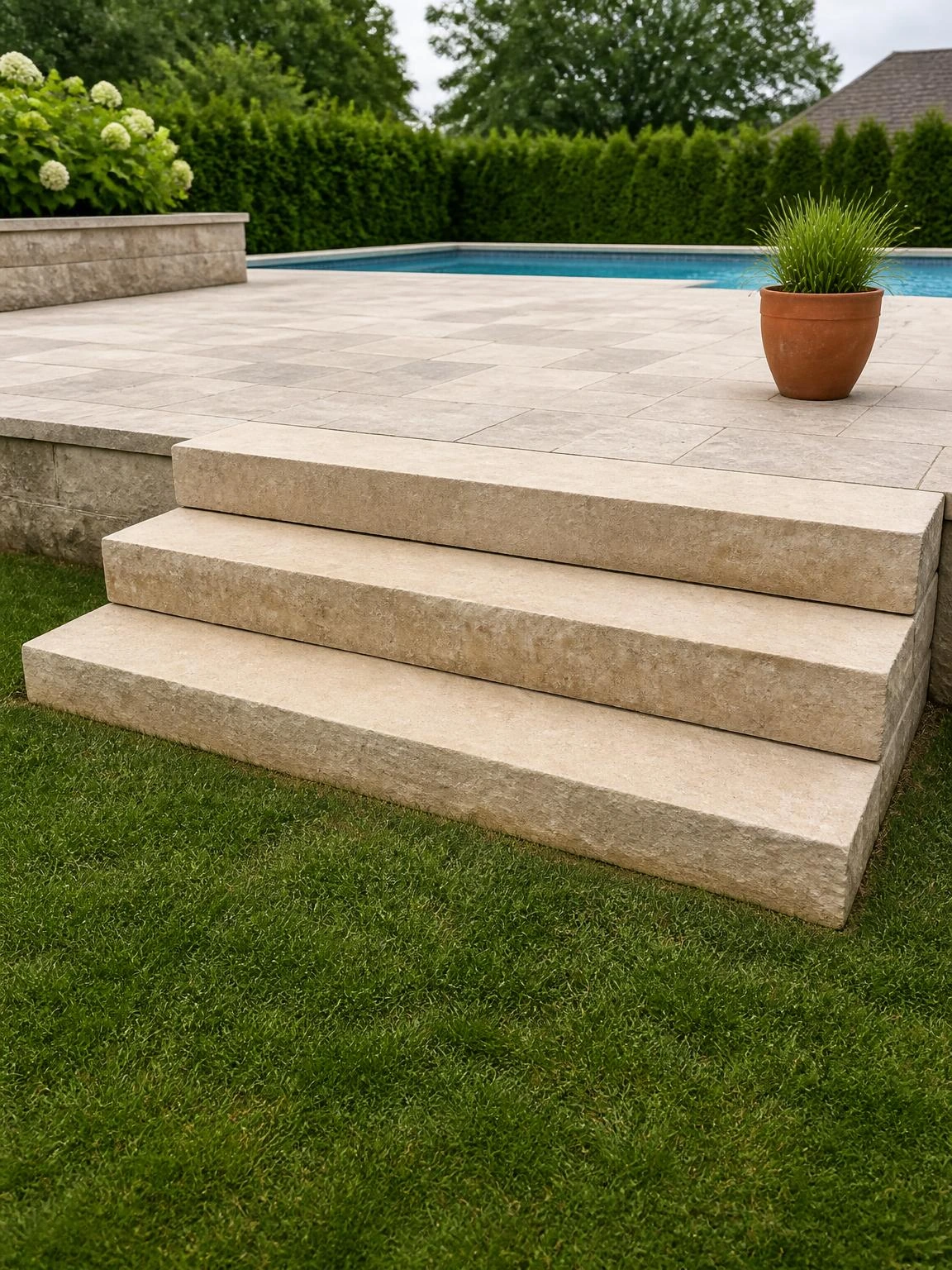 Three wide stacked limestone block steps rise from a green lawn to a cream paver pool deck, showing natural fossil texture and honest weathering on a suburban backyard landscape stair transition