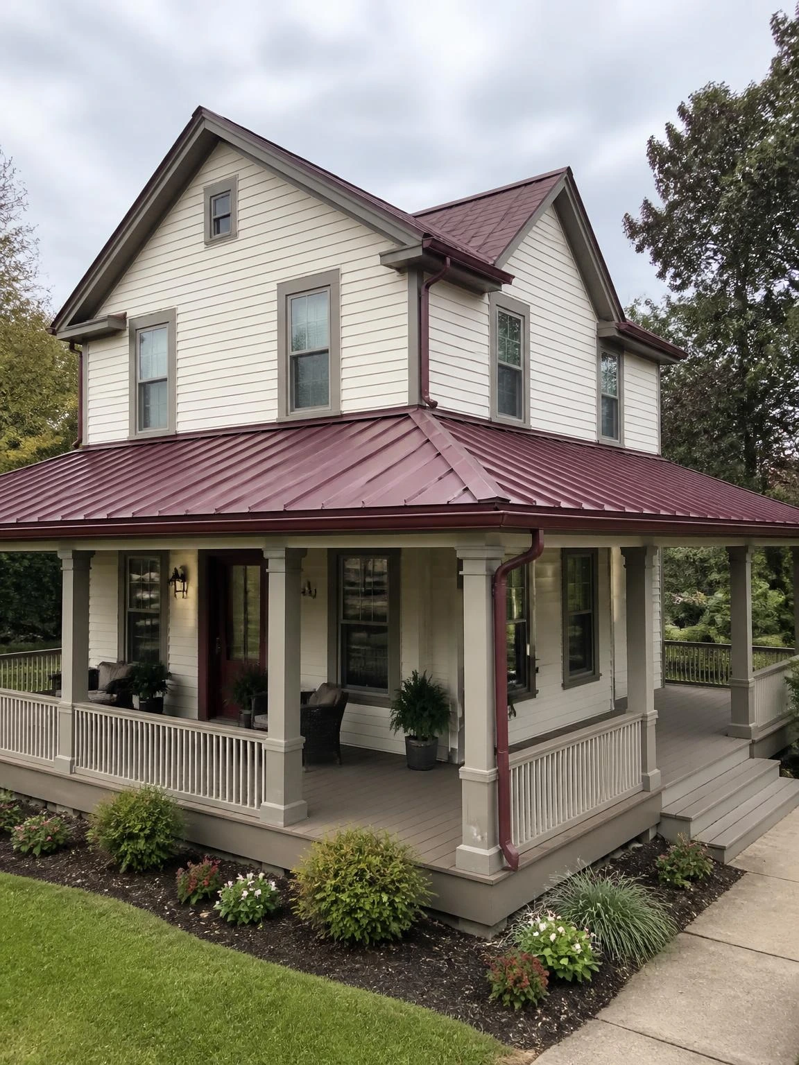 Burgundy standing seam metal porch roof with evenly spaced vertical ribs on a two-story home with ivory clapboard siding