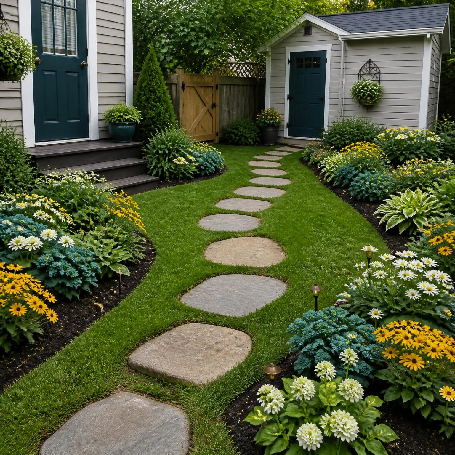 Stepping-stone path through a compact flower garden, linking a back door and shed with teal, white, and mustard blooms