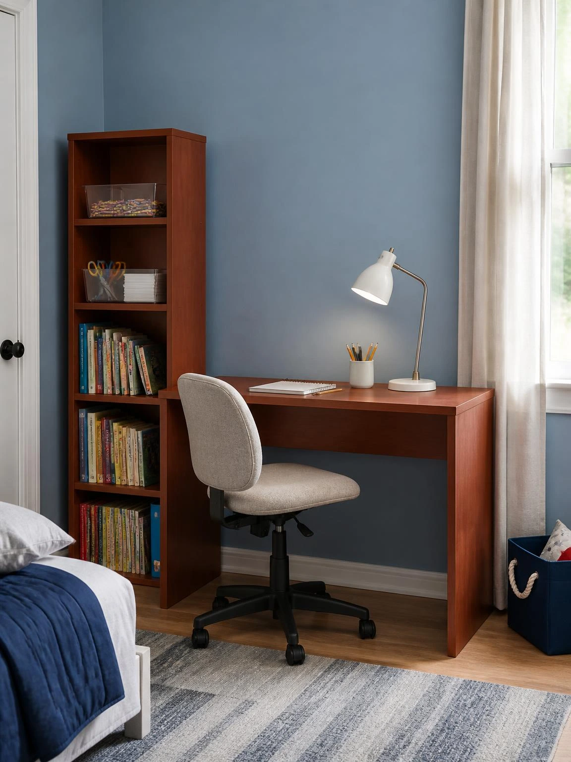 Rust-finish laminate kids' study table with matching five-shelf tower bookcase on soft blue wall, creating a unified study table design for kids