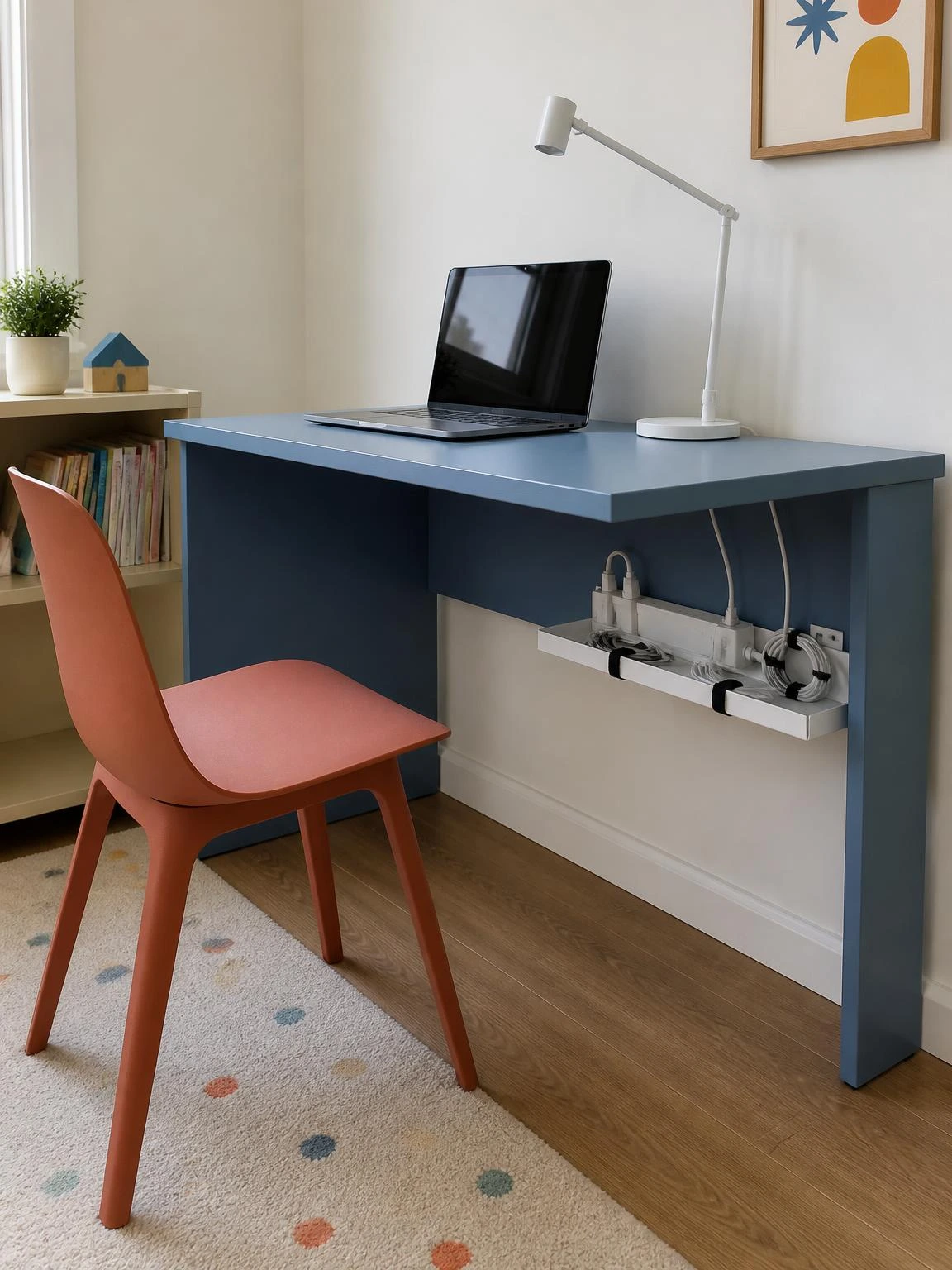 Dusty blue kids' study table with a white under-desk cable management tray holding bundled laptop and lamp cords neatly off the floor