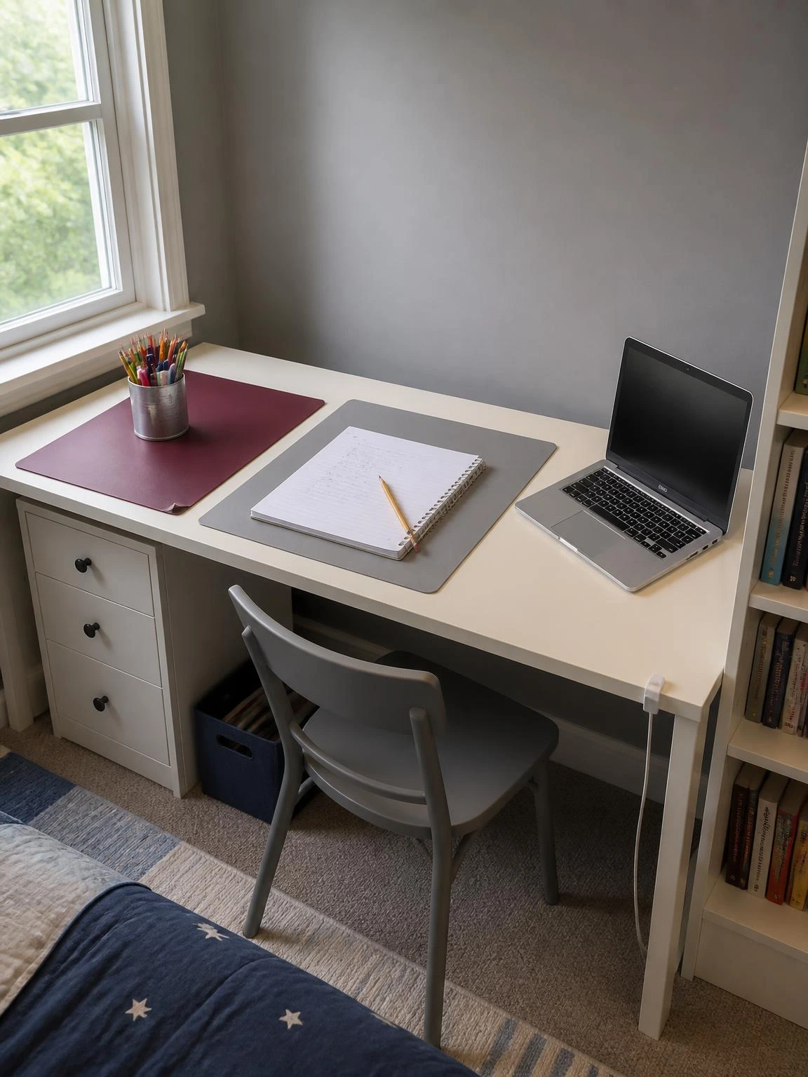 Ivory laminate kids' study table with three color-coded zones—burgundy mat for supplies, gray mat for writing, and open laptop on the right—organized for focused homework