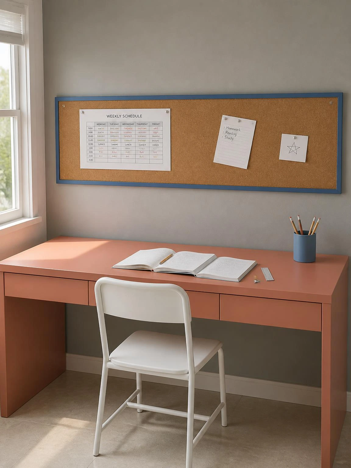 Kids' study table design with a coral laminate desk and full-width corkboard strip mounted above in a muted blue frame, keeping notes off the work surface