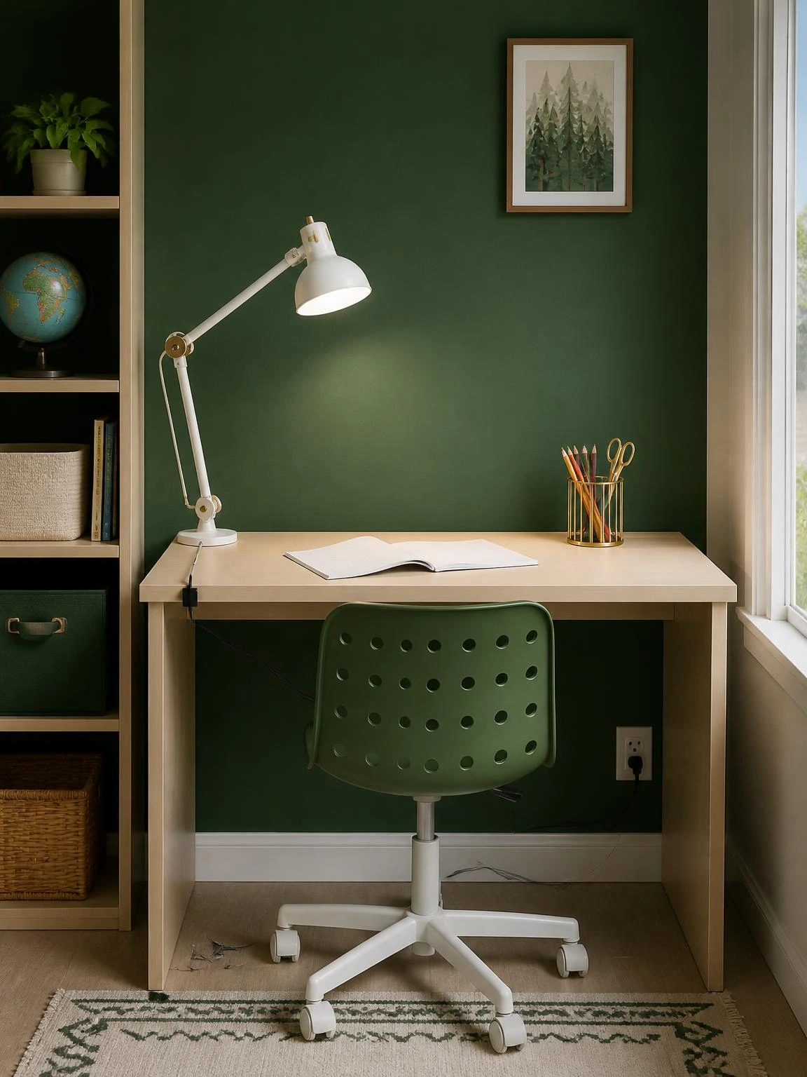 Kids' study table with clamp-on LED desk lamp casting focused light across a clean laminate desk against a forest green wall