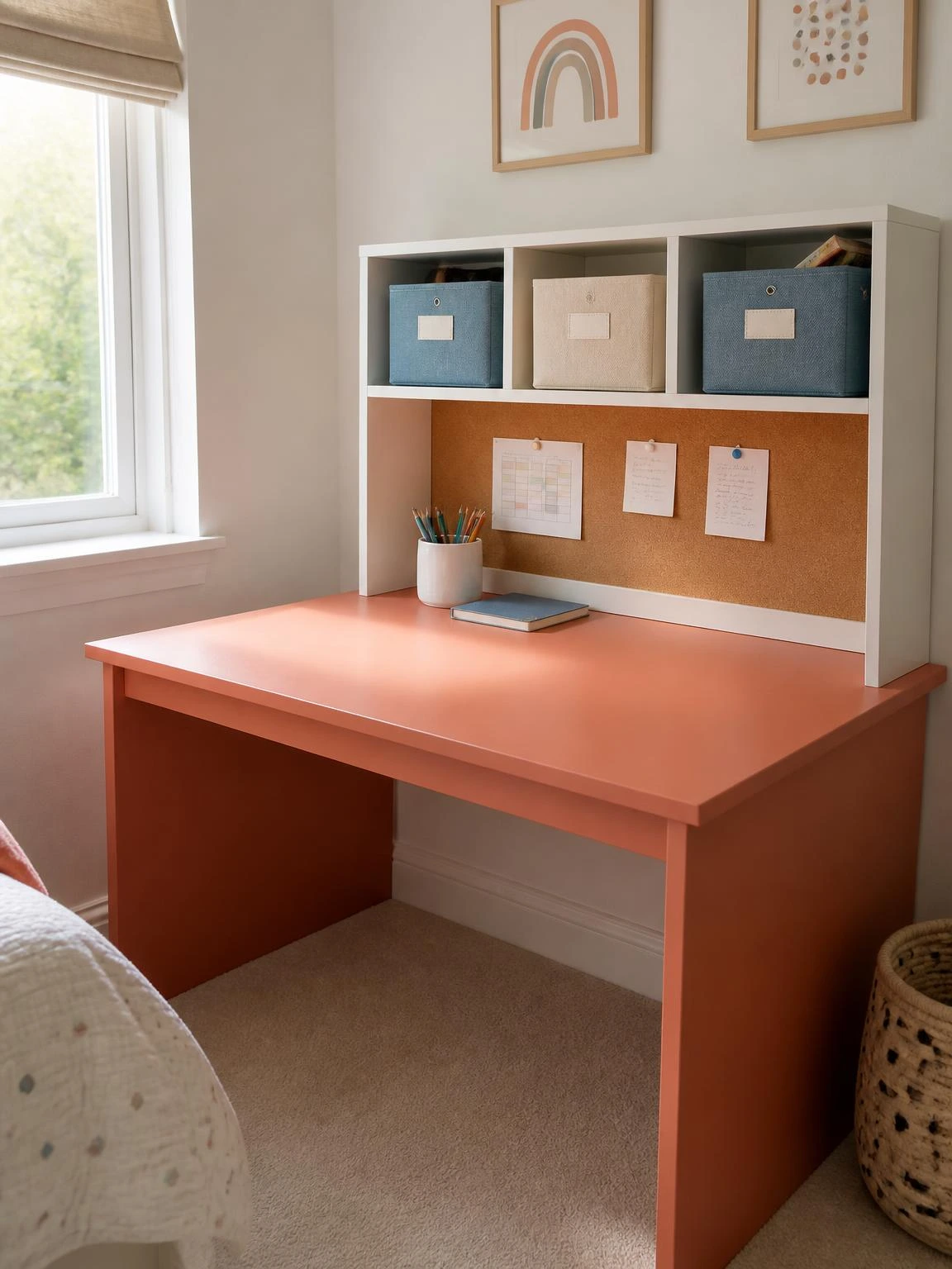 Coral laminate kids study table with white MDF hutch organizer holding labeled fabric bins, keeping homework supplies sorted in a compact bedroom