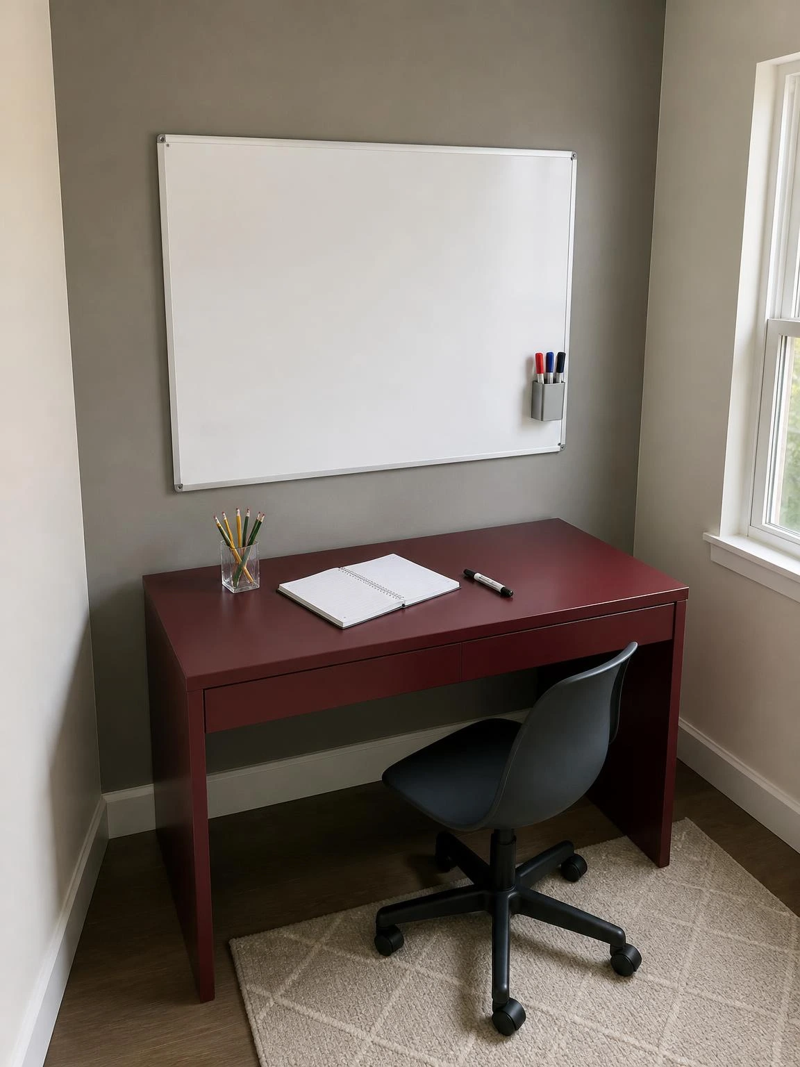 Kids' burgundy study table with a wall-mounted magnetic whiteboard panel centered above at child eye level, making the full writing surface easy to reach
