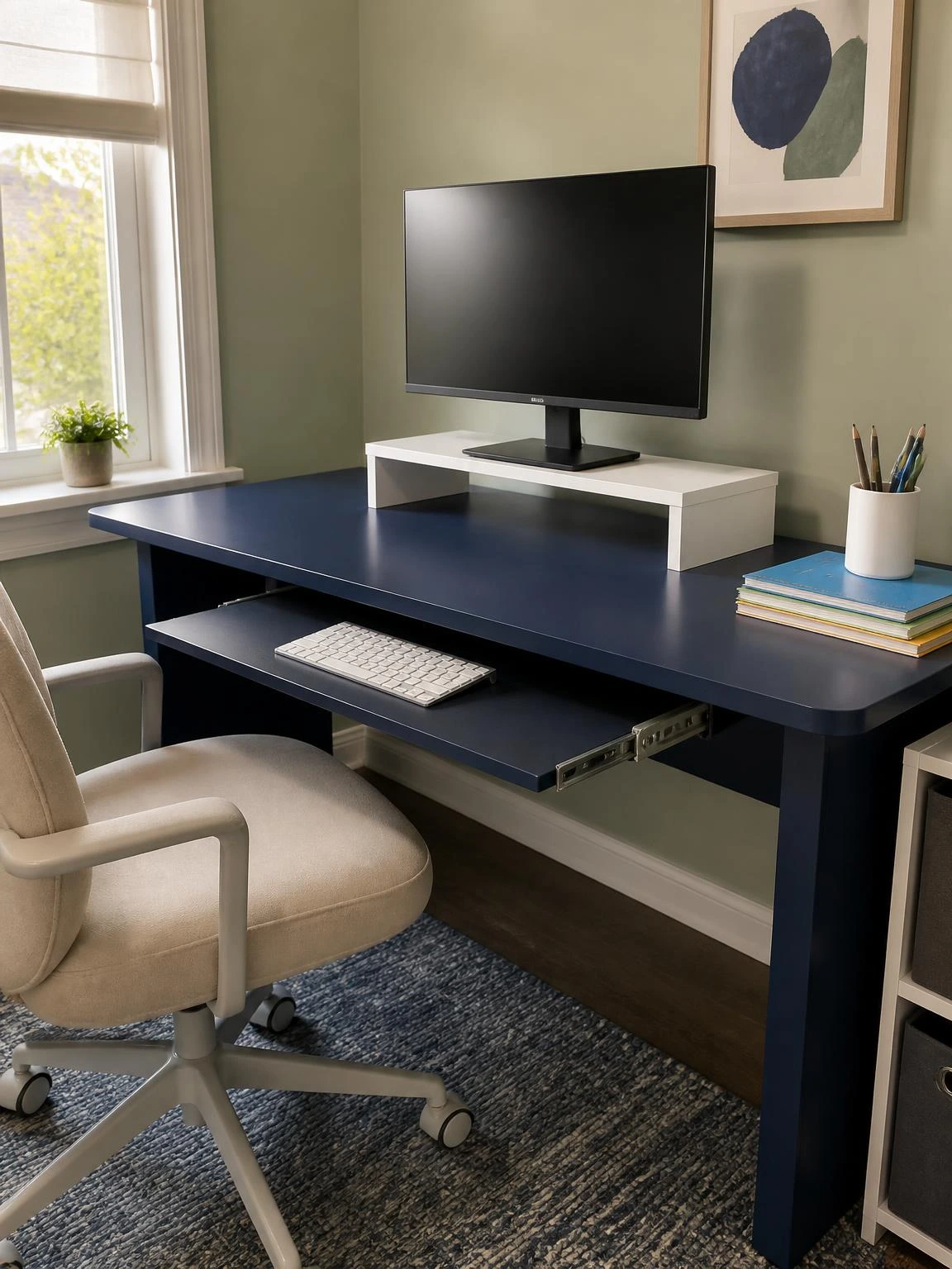 Navy kids' study table with white monitor riser at eye level and pull-out keyboard tray extended, showing full ergonomic stack in a sage-green room
