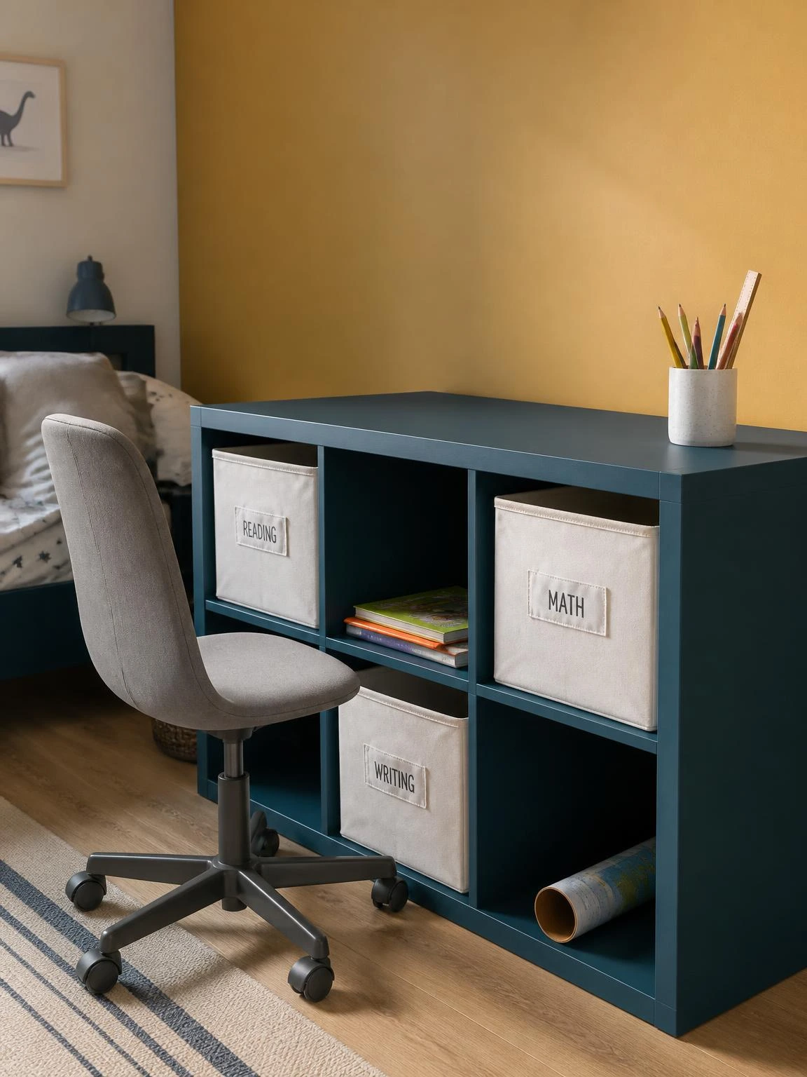 Deep teal kids study table with six open cubby shelves below holding fabric bins and school supplies, ideal study table design for kids rooms