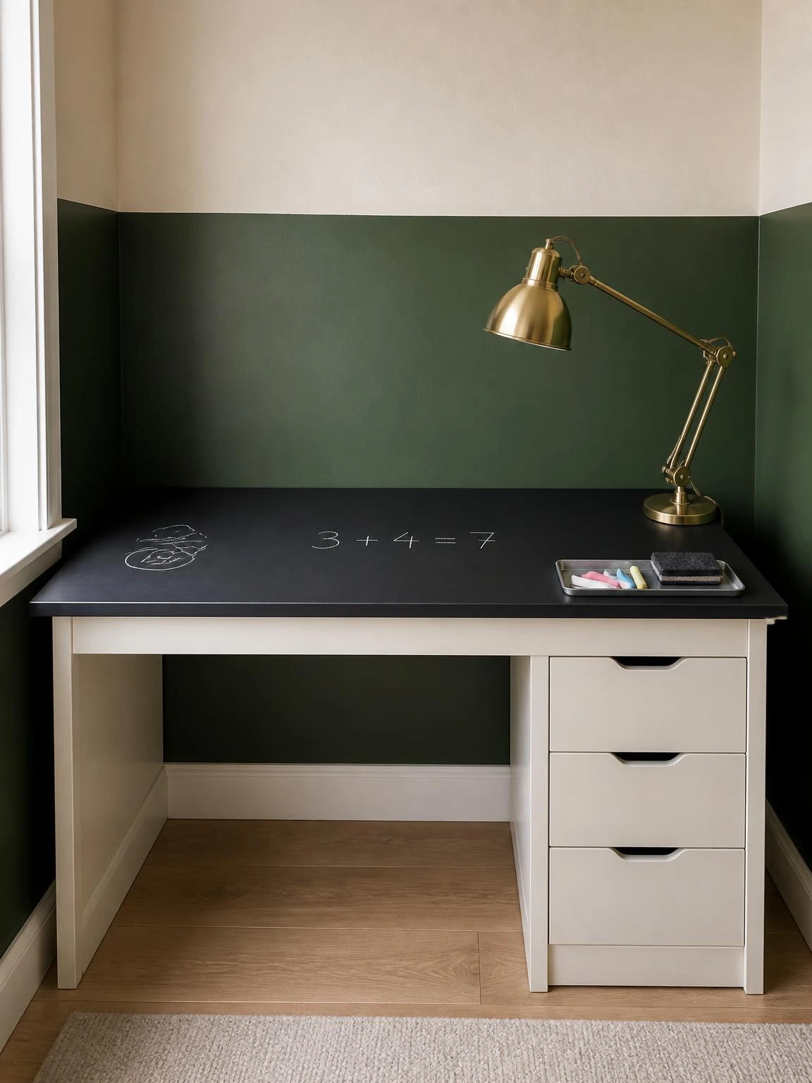 Kids' study table with chalkboard-painted desktop showing chalk math problem and doodle, brass clamp lamp, and forest green two-tone wall behind it