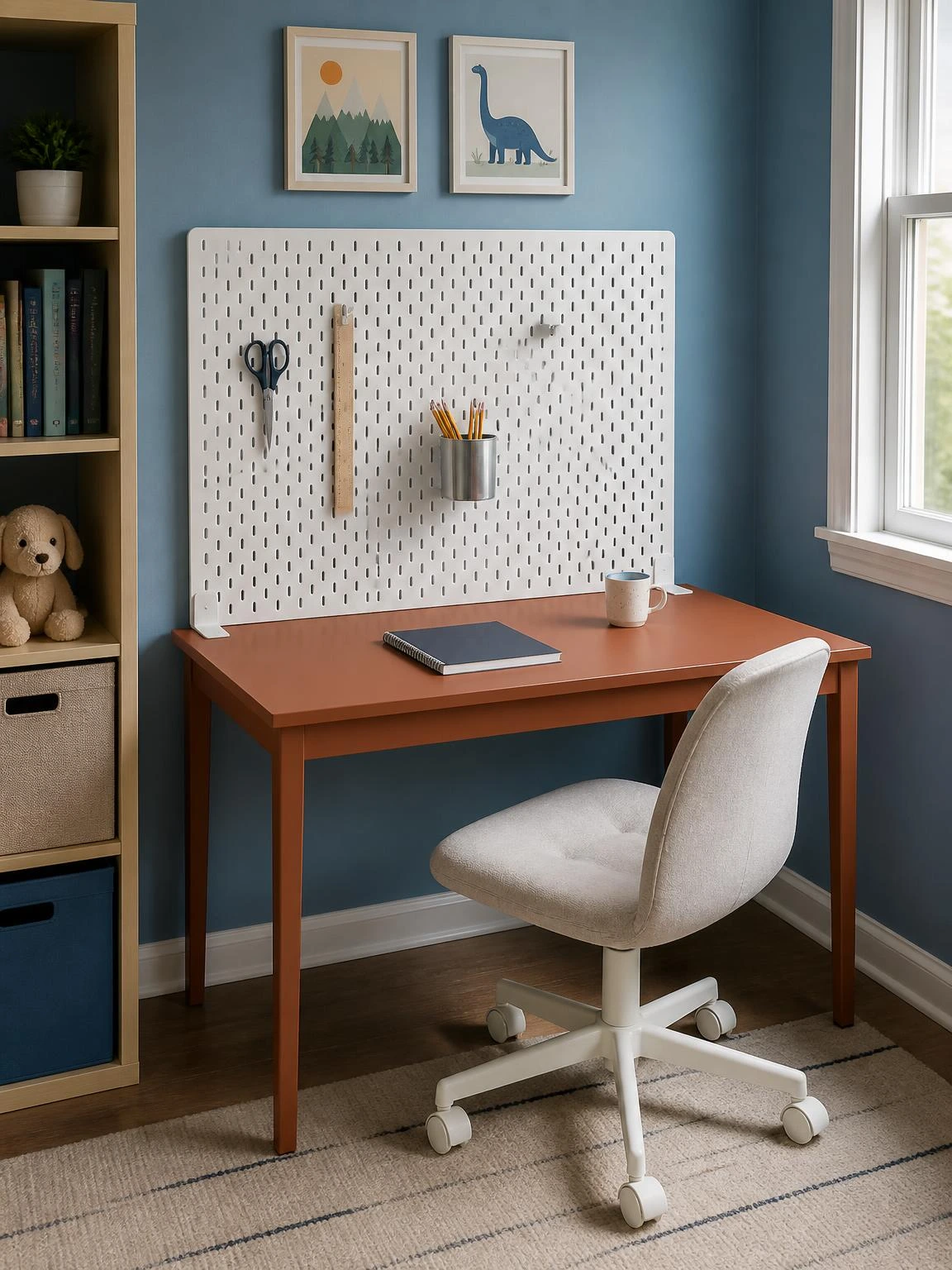 Kids' rust-laminate study table with white pegboard back panel holding scissors, ruler, and pencil cup within a child's reach