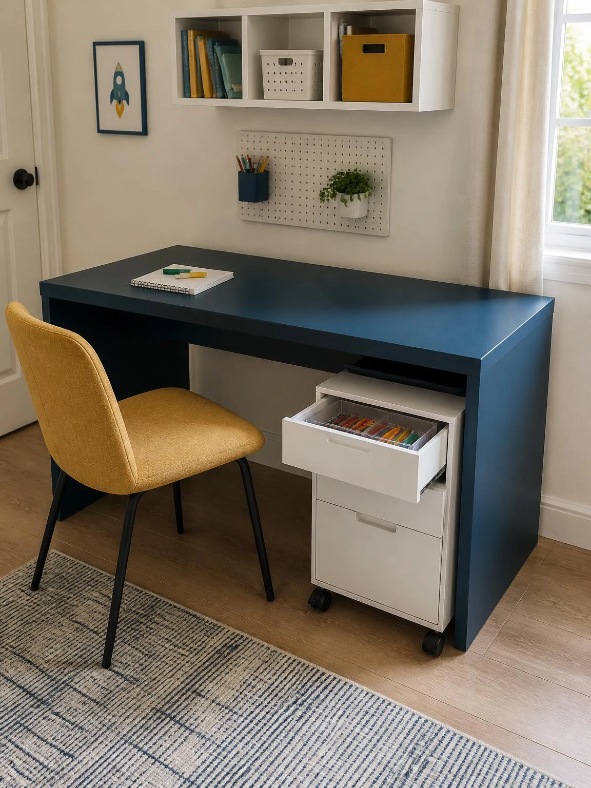 Kids' study table design with deep teal laminate desk and white rolling two-drawer pedestal tucked underneath, keeping school supplies organized and within easy reach