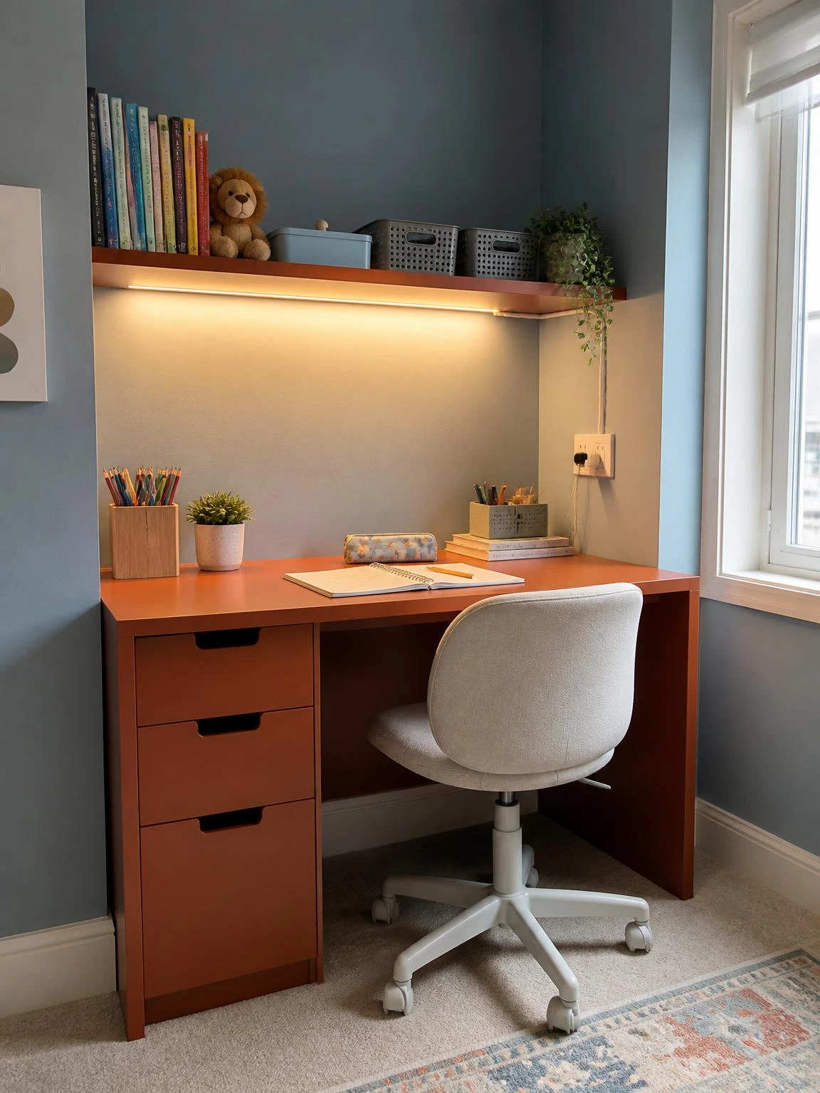 20- Study Table with Under-Shelf Clip Lighting - study table design for kids
