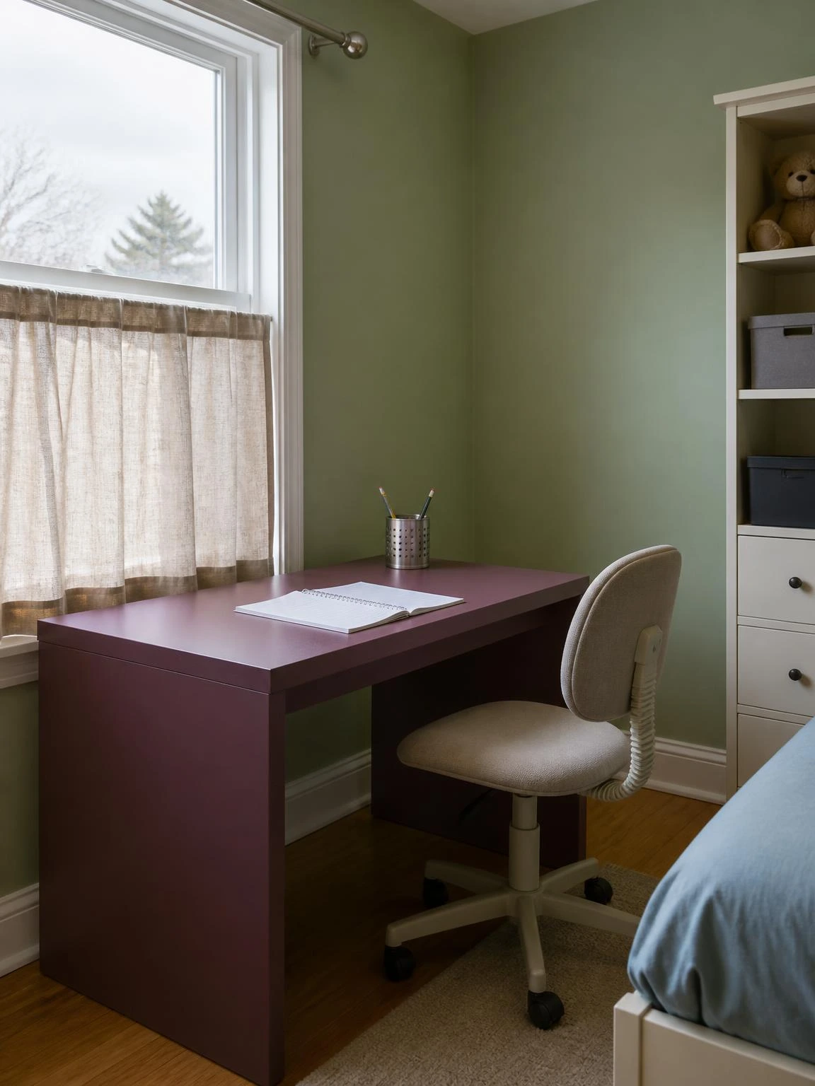 Kids' study table design with muted plum desk placed perpendicular to a single window, letting cool natural side light fall evenly across the writing surface