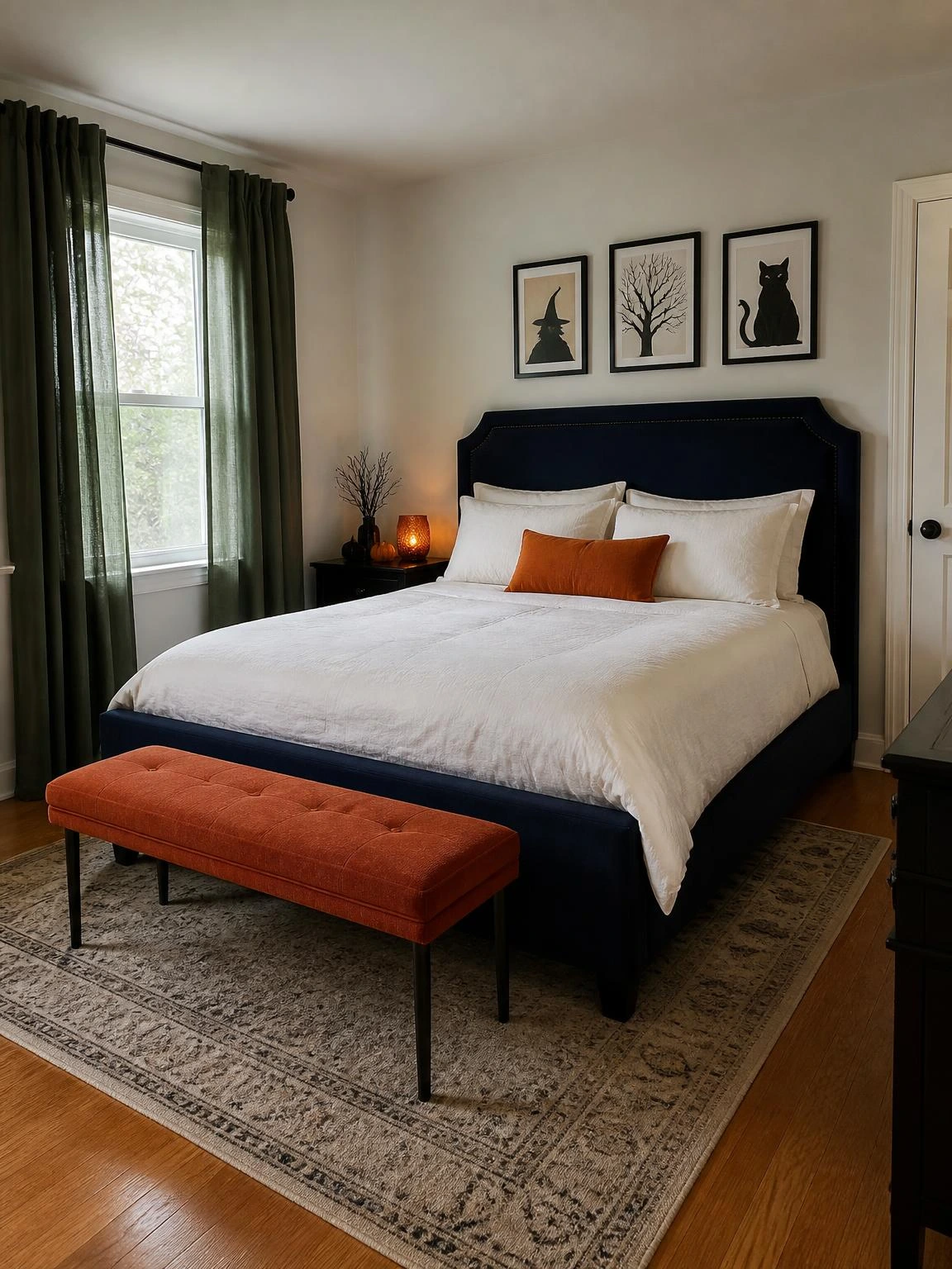 Cohesive Halloween bedroom decor pairs a navy bed, ivory bedding, rust accents, green curtains, and subtle amber light.