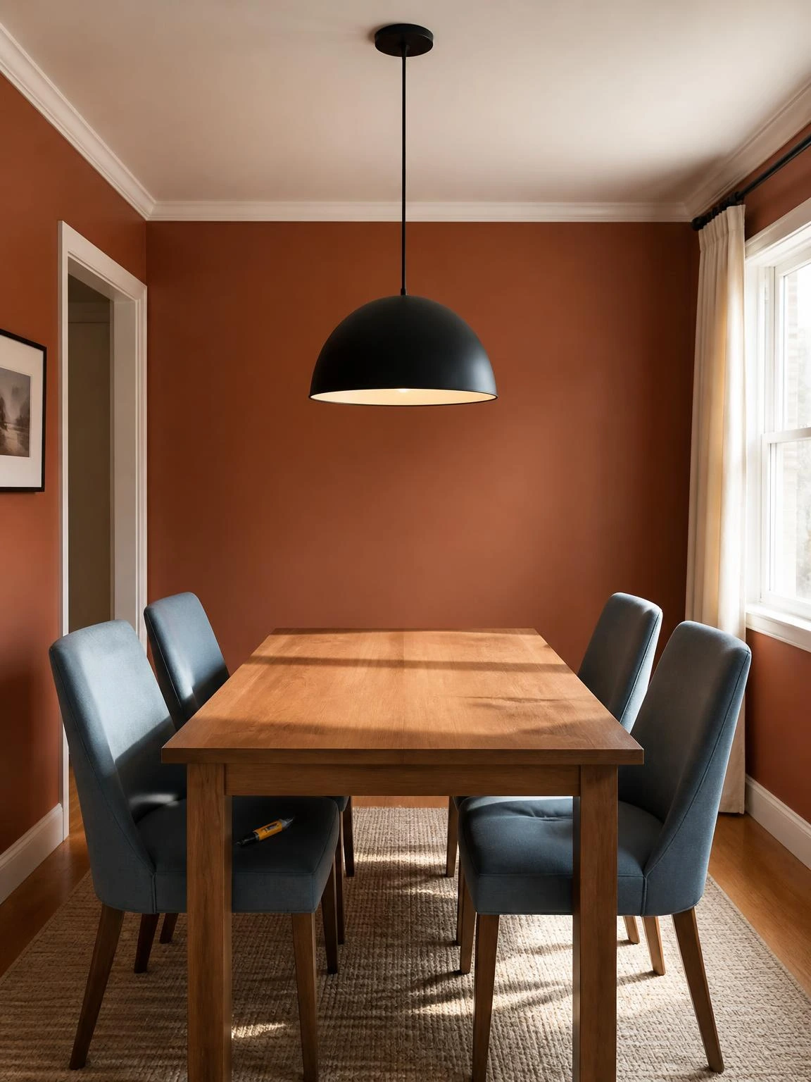 Matte black dome pendant light installed over a wood dining table in a rust-walled dining room, showing the complete DIY fixture swap result