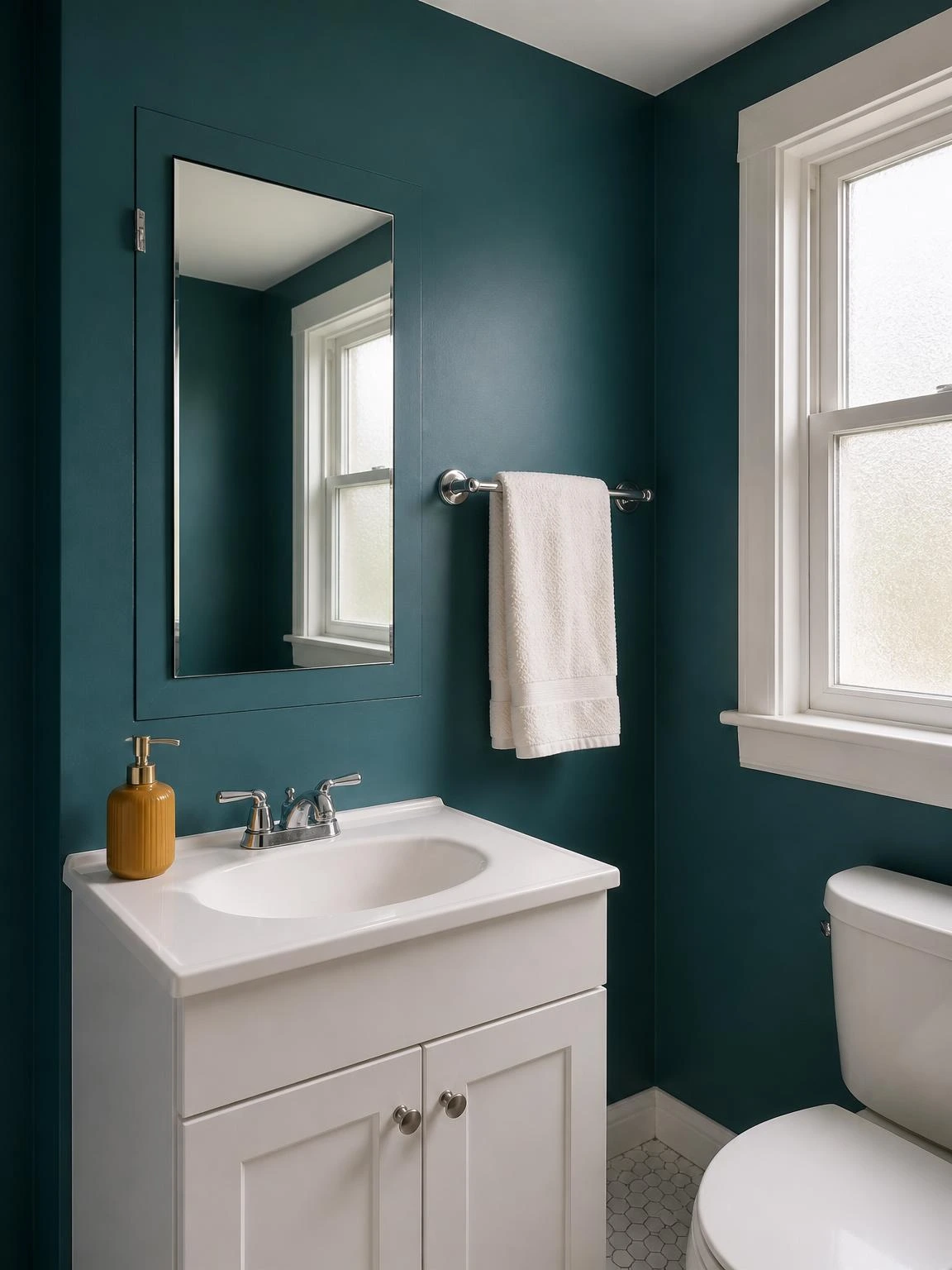 Deep teal bathroom wall with flush recessed medicine cabinet above a white ceramic sink, showing minimal home decor done with restraint and intention