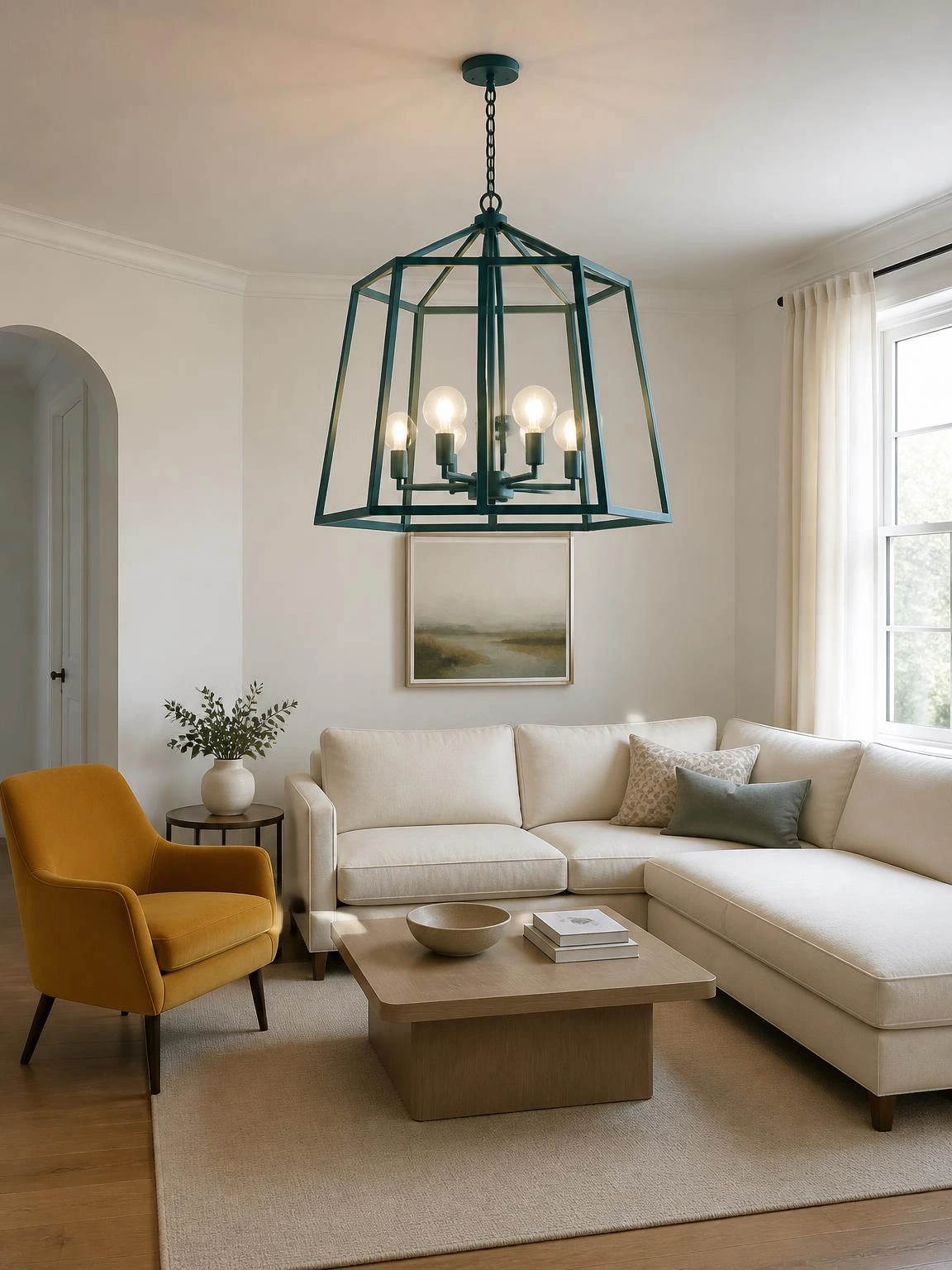 Deep-teal cage chandelier glowing above a neutral sofa and mustard chair, showcasing living room chandelier ideas with open sightlines