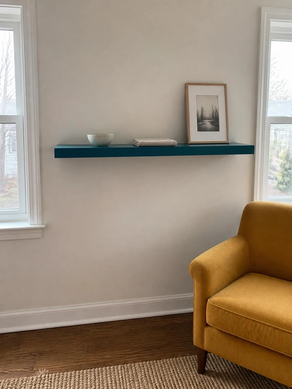 Deep teal floating shelf centered between two windows holds a ceramic bowl, folded cloth, and leaning framed print in a minimal living room