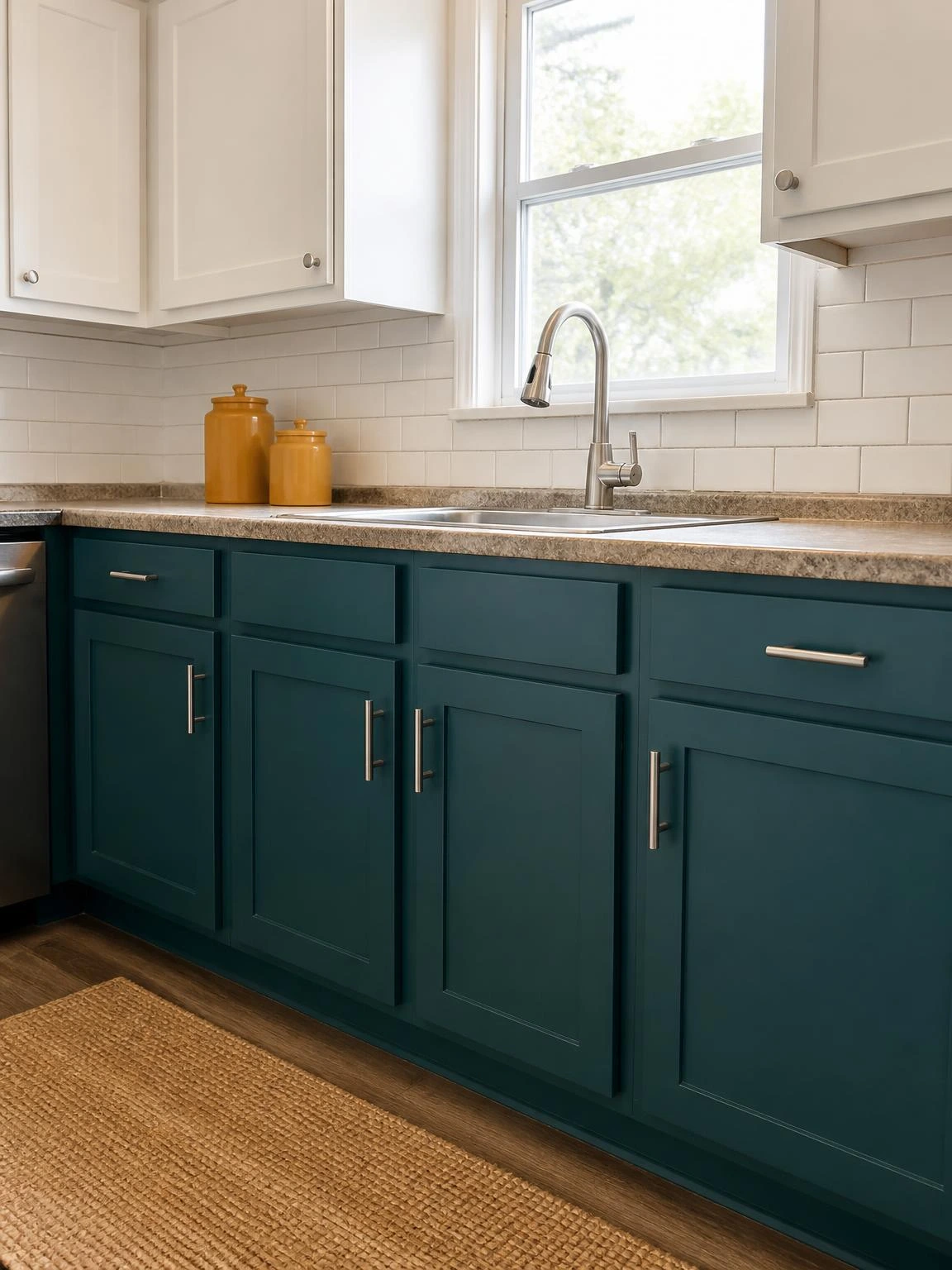 Deep teal lower kitchen cabinets with brushed nickel bar pulls contrast warm white uppers in this budget-friendly summer kitchen cabinet refresh