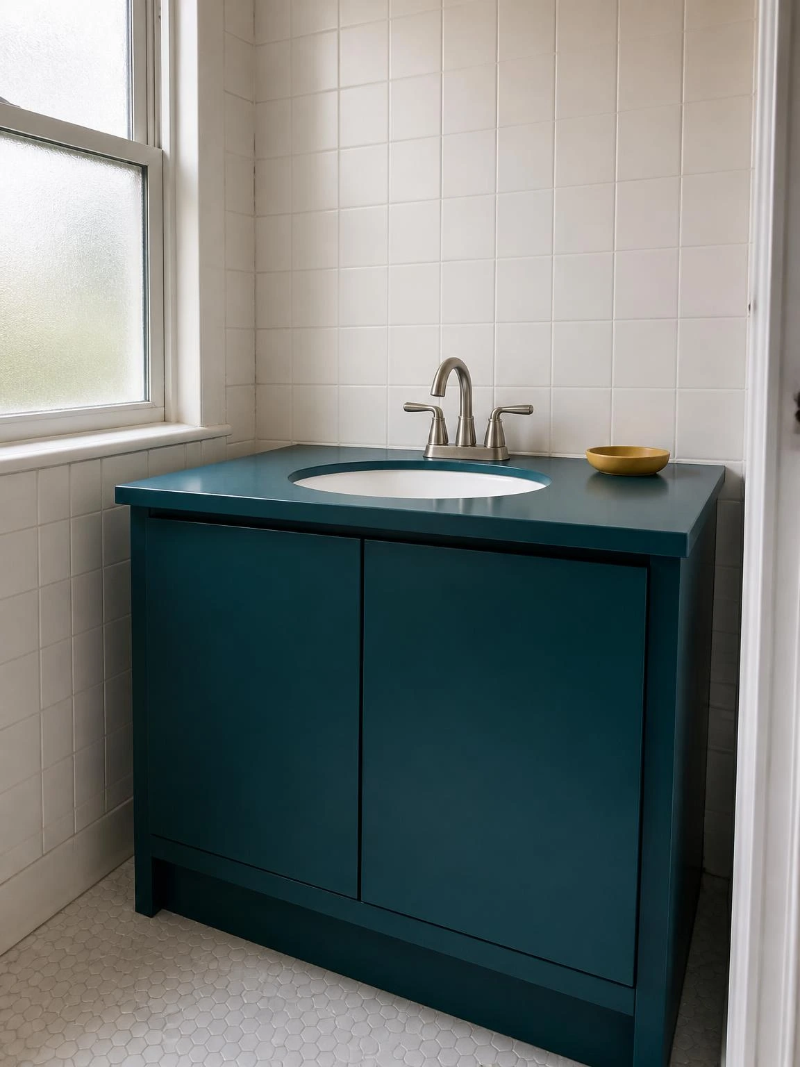 Deep teal matte painted bathroom vanity unit with brushed nickel tap and mustard soap dish against white square tiles